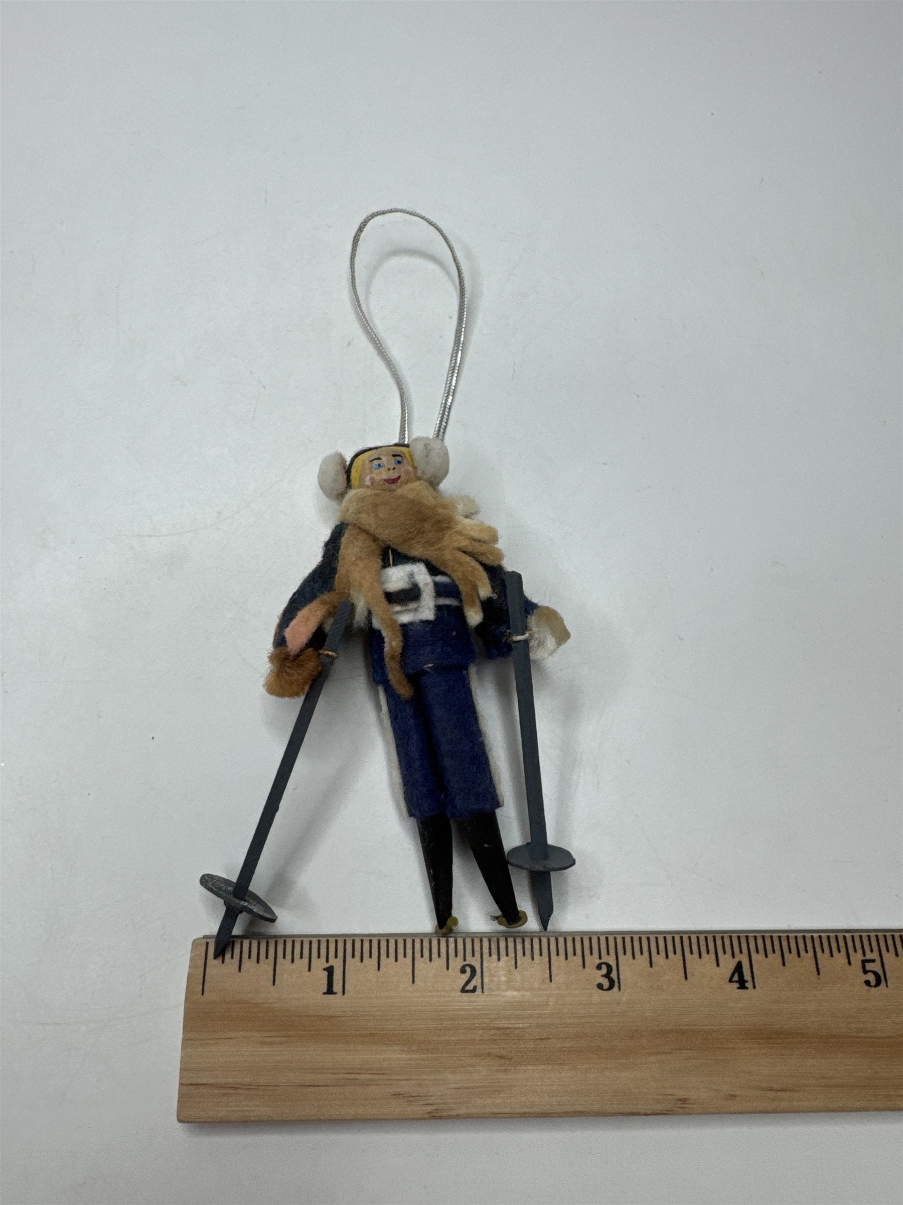 Vintage Skier Ornament Felt Wood Figural Christmas Holiday Winter Sports