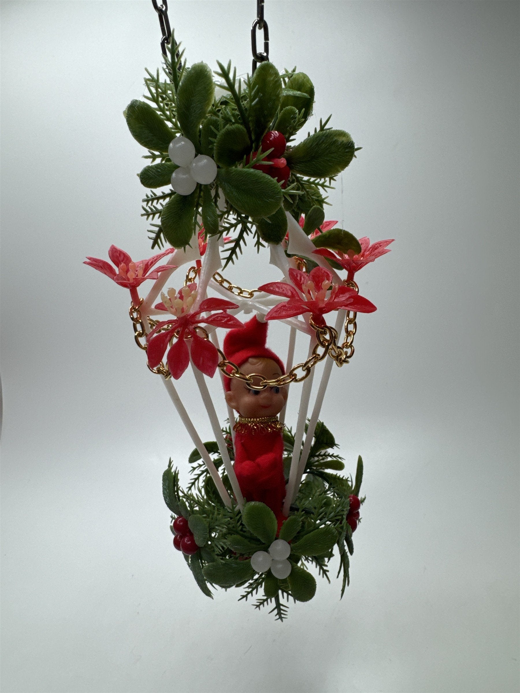 Vintage Elf Pixie Birdcage Ornament Christmas Figural Felt Faux Floral Kitsch