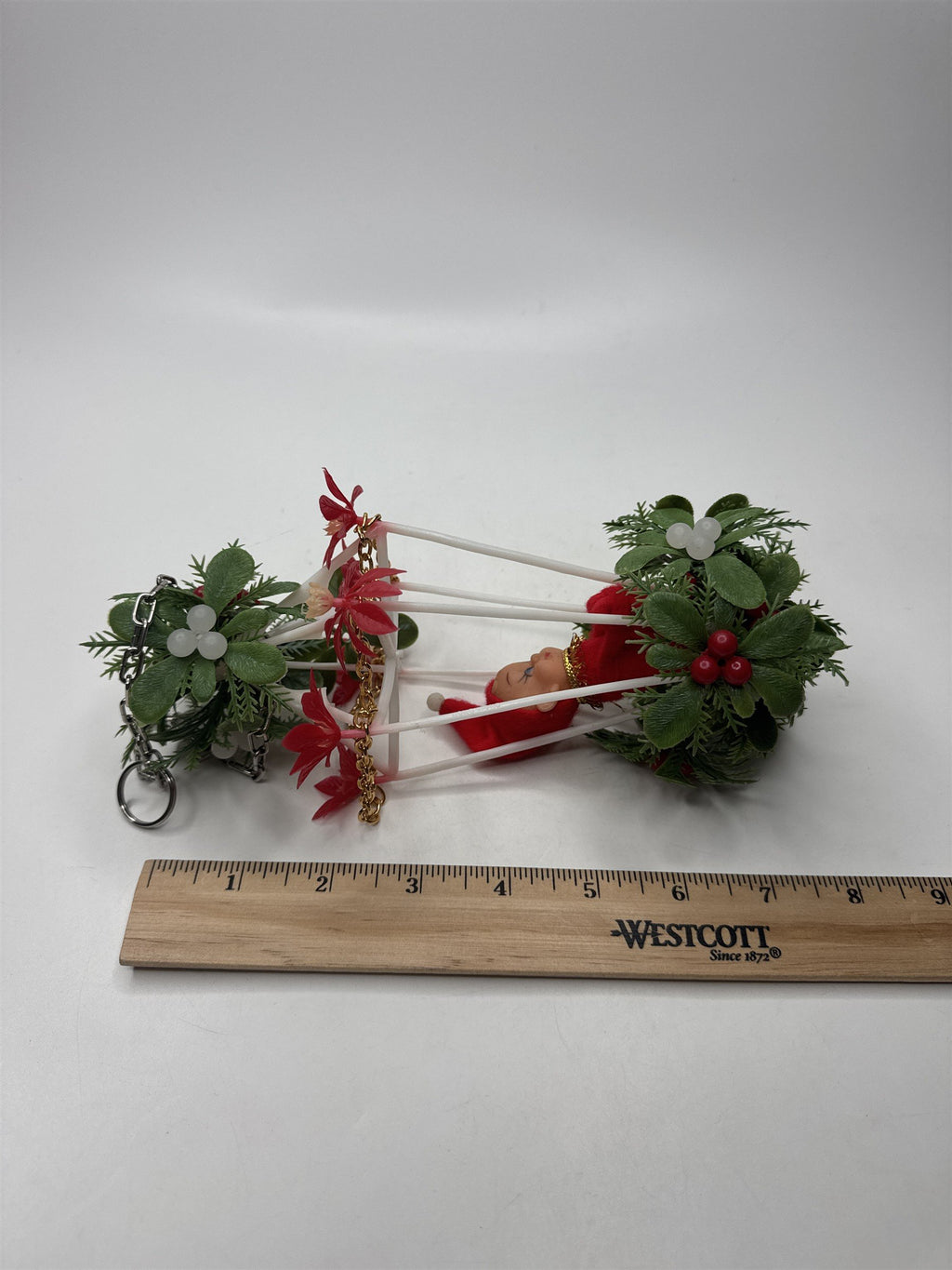 Vintage Elf Pixie Birdcage Ornament Christmas Figural Felt Faux Floral Kitsch