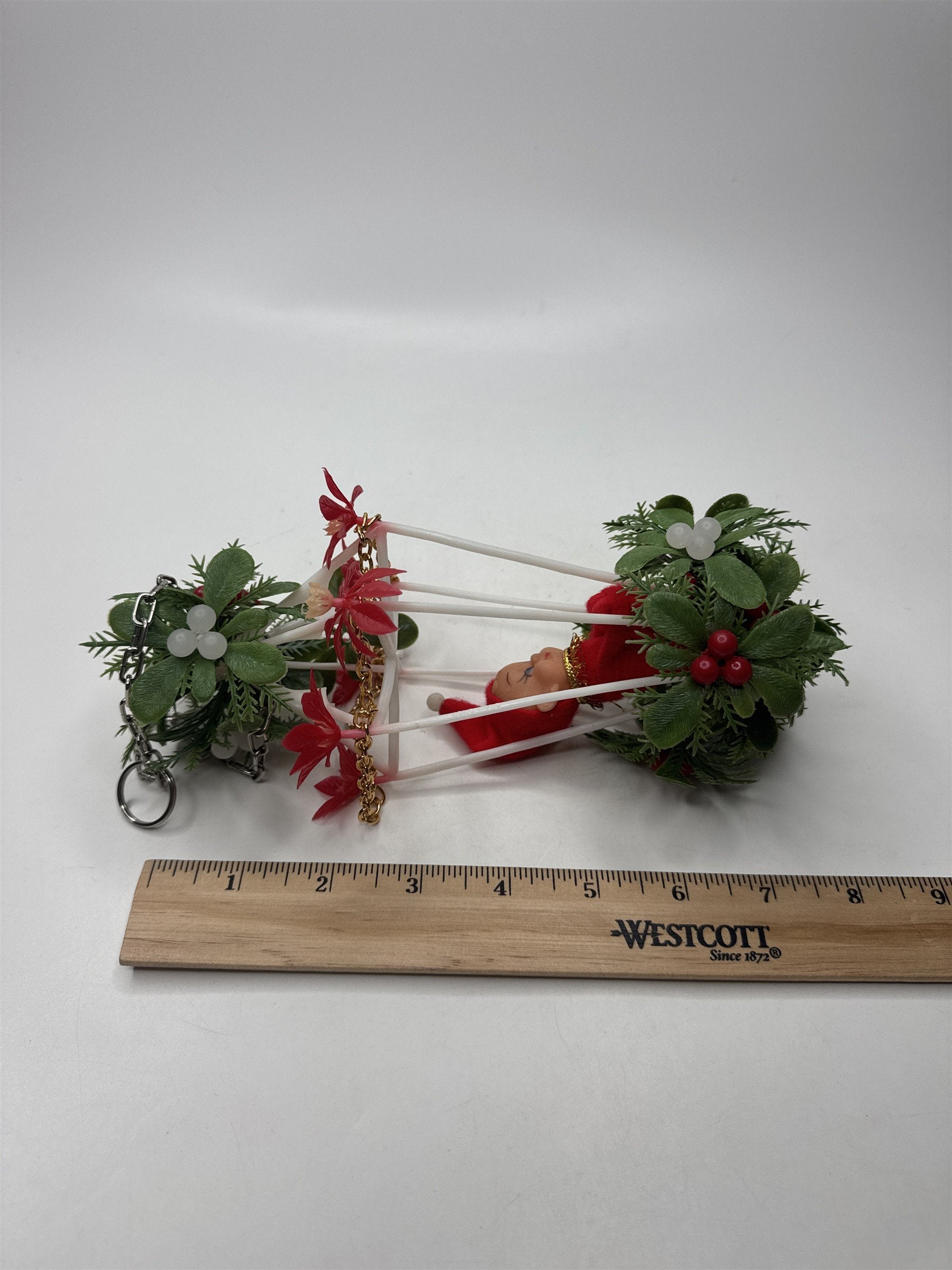 Vintage Elf Pixie Birdcage Ornament Christmas Figural Felt Faux Floral Kitsch