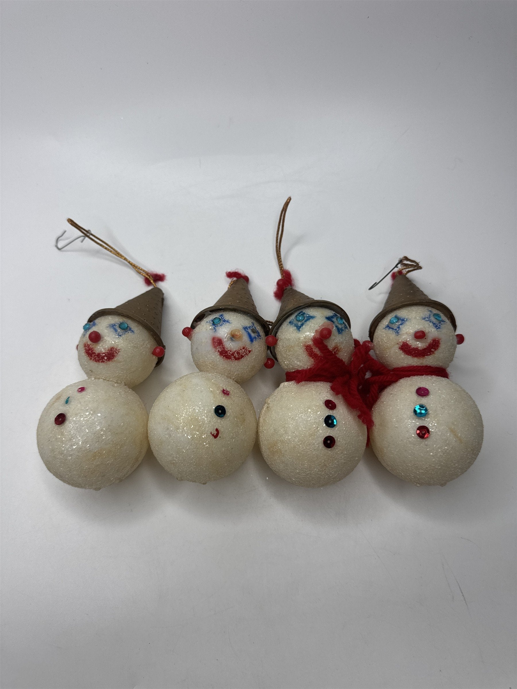 Set of 4 Vintage Hong Kong Snowmen Clown Face Ornaments Plastic Kitsch MCM