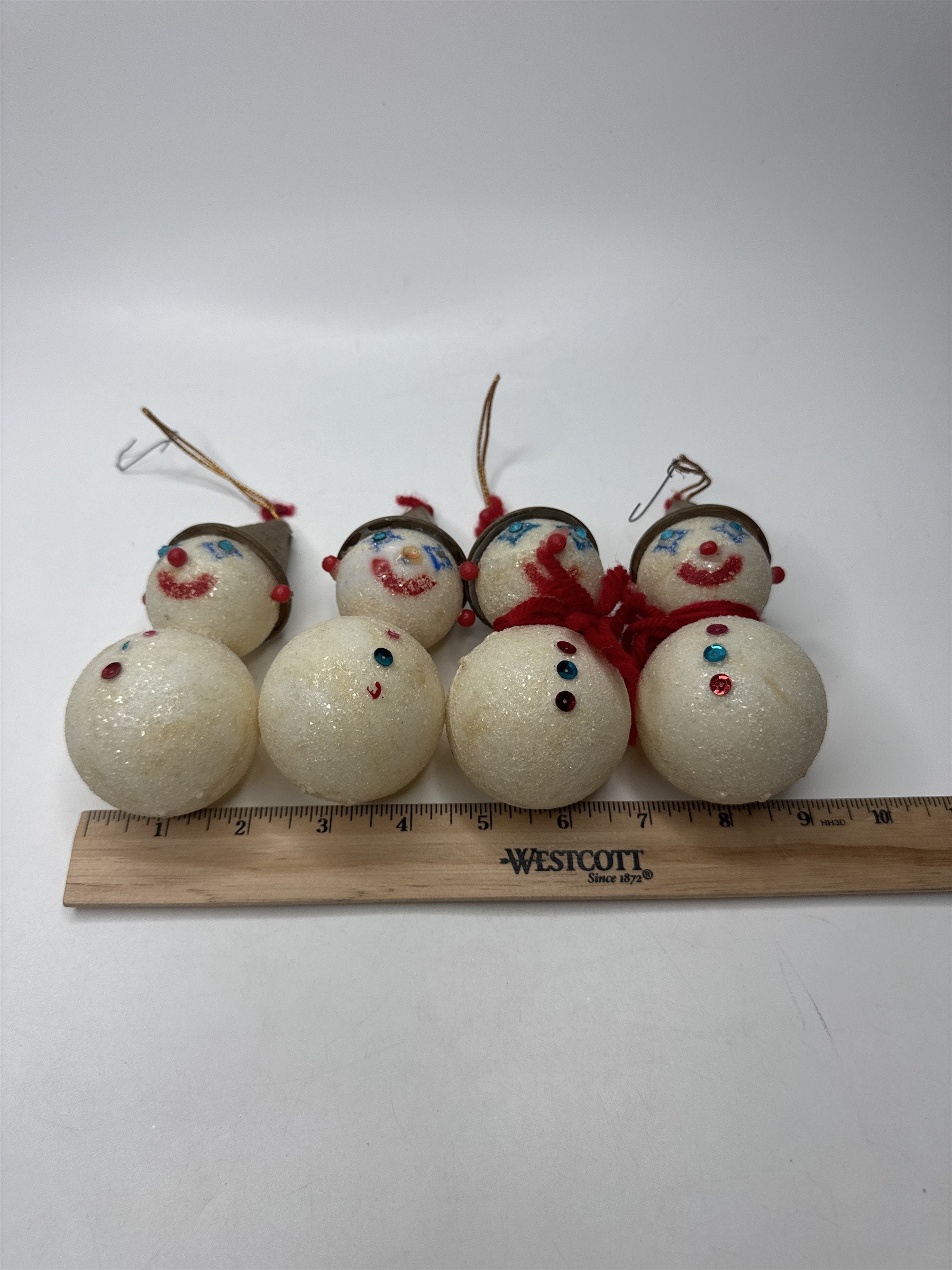 Set of 4 Vintage Hong Kong Snowmen Clown Face Ornaments Plastic Kitsch MCM