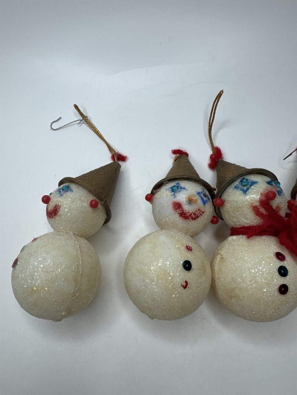 Set of 4 Vintage Hong Kong Snowmen Clown Face Ornaments Plastic Kitsch MCM