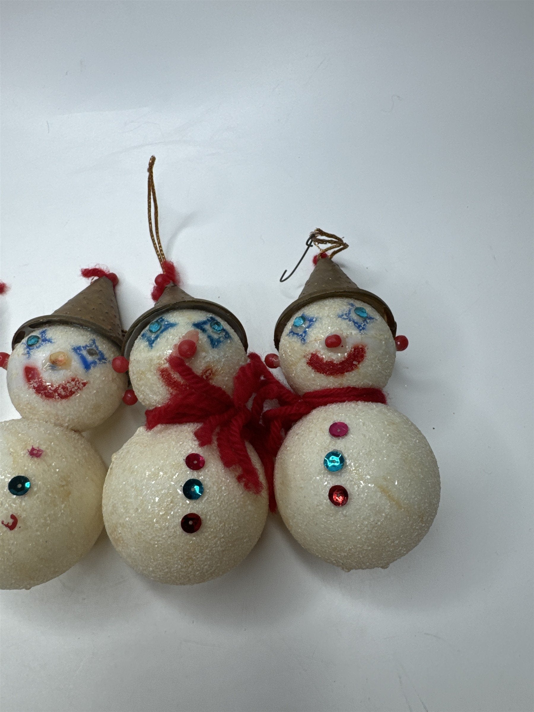 Set of 4 Vintage Hong Kong Snowmen Clown Face Ornaments Plastic Kitsch MCM