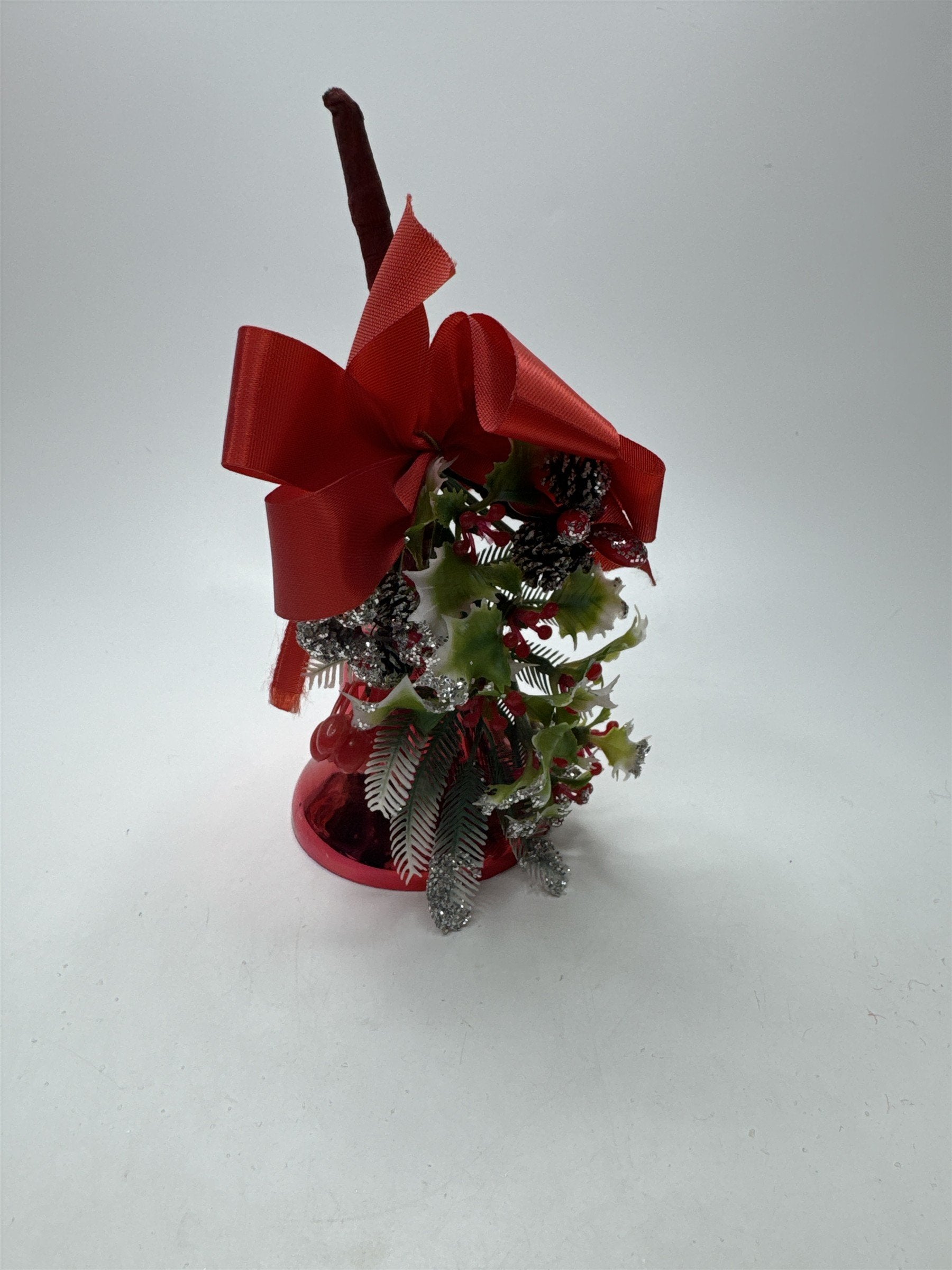 Vintage Red Metal Bell Ornament Pinecone Holly Berry Christmas Holiday Decor