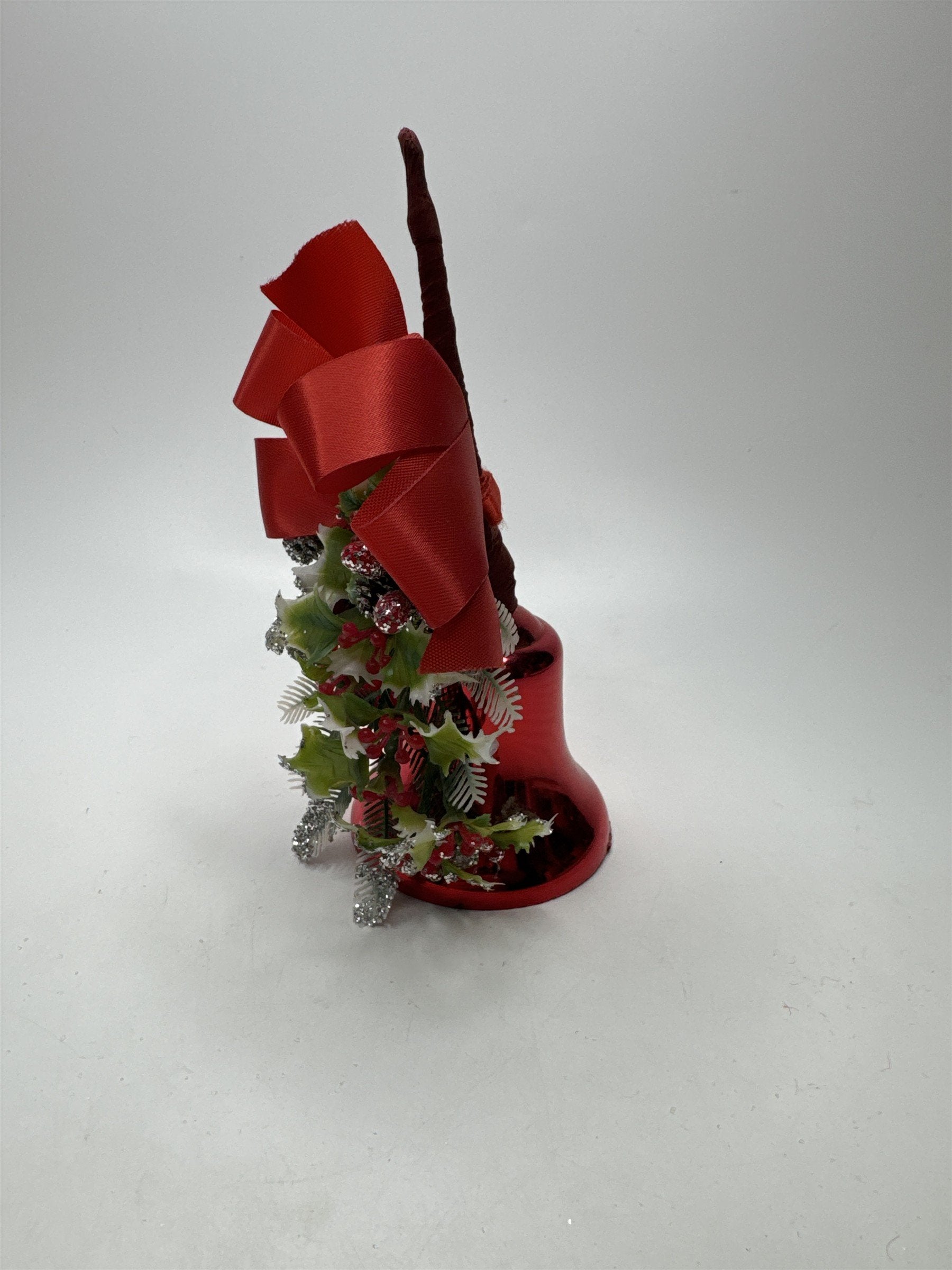 Vintage Red Metal Bell Ornament Pinecone Holly Berry Christmas Holiday Decor