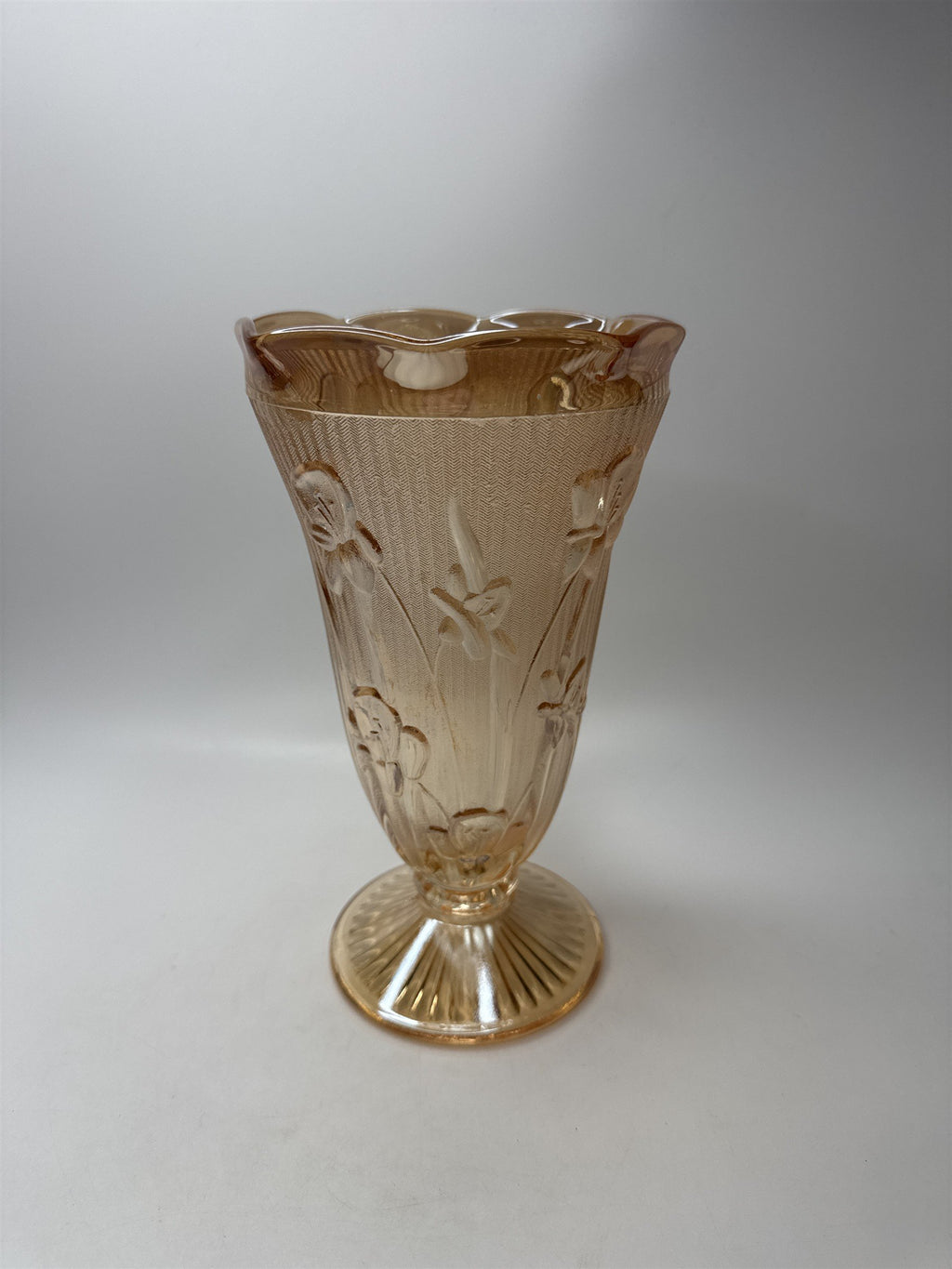 Vintage Jeanette Marigold Carnival Glass Vase Pansy Floral Footed