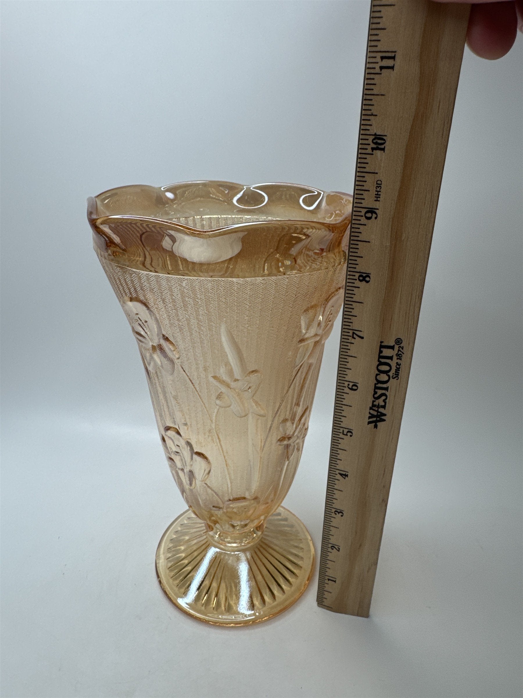 Vintage Jeanette Marigold Carnival Glass Vase Pansy Floral Footed