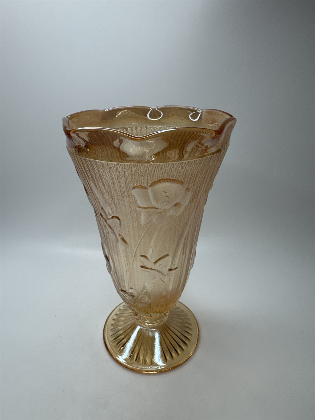 Vintage Jeanette Marigold Carnival Glass Vase Pansy Floral Footed