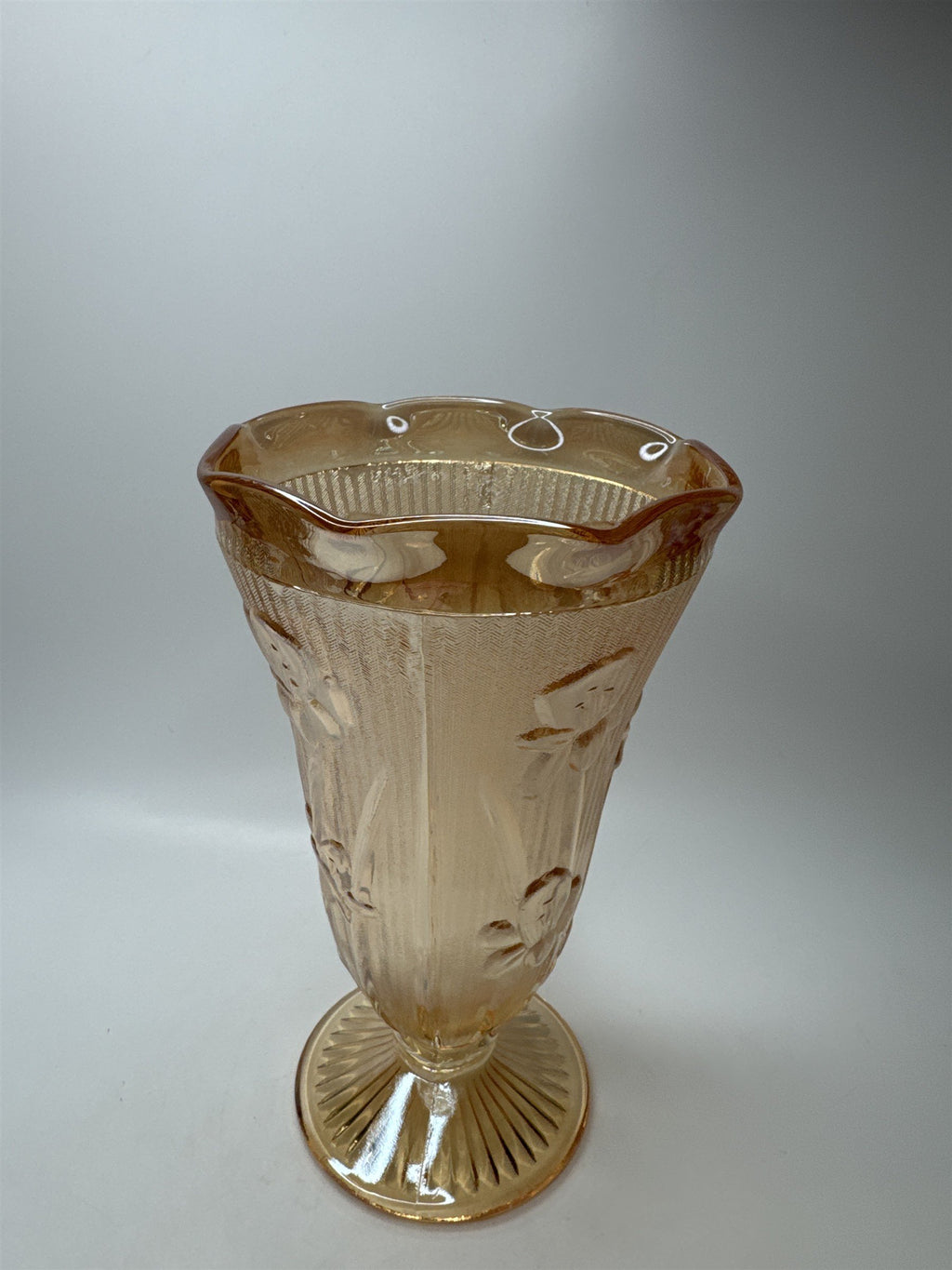 Vintage Jeanette Marigold Carnival Glass Vase Pansy Floral Footed