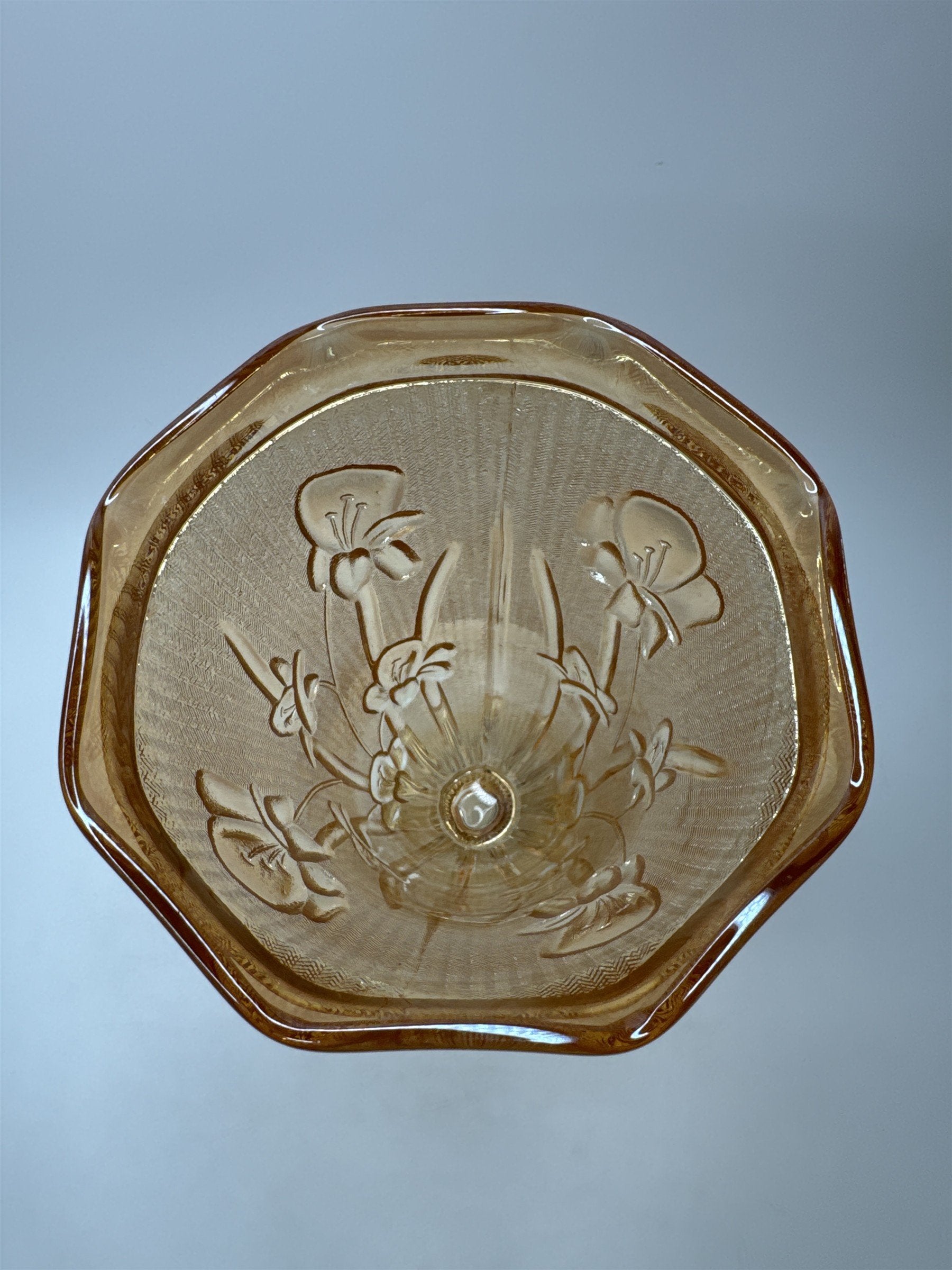Vintage Jeanette Marigold Carnival Glass Vase Pansy Floral Footed