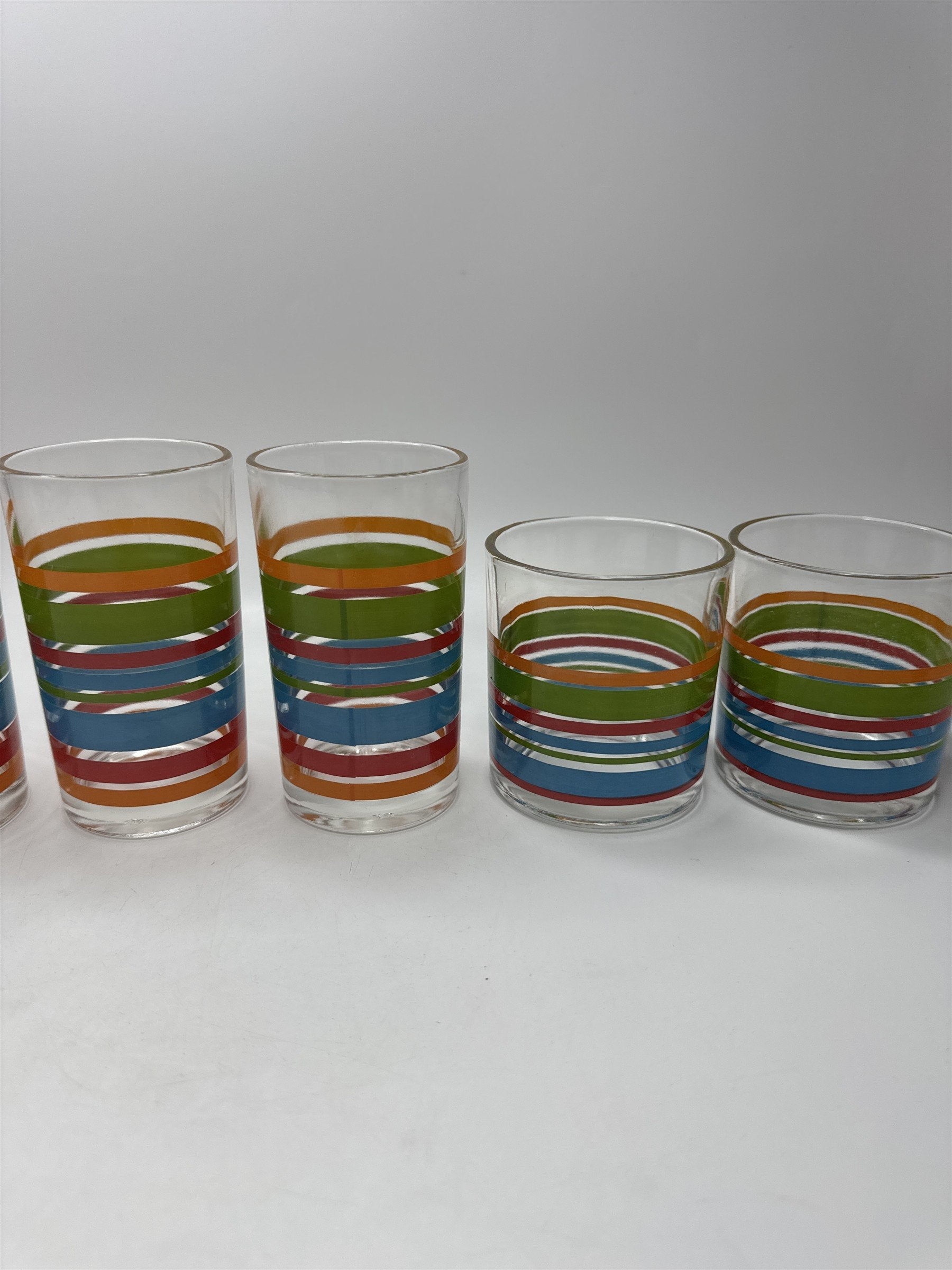 Vintage Libbey Fiesta Striped Tumblers Set 6 Mixed Sizes Barware MCM Retro