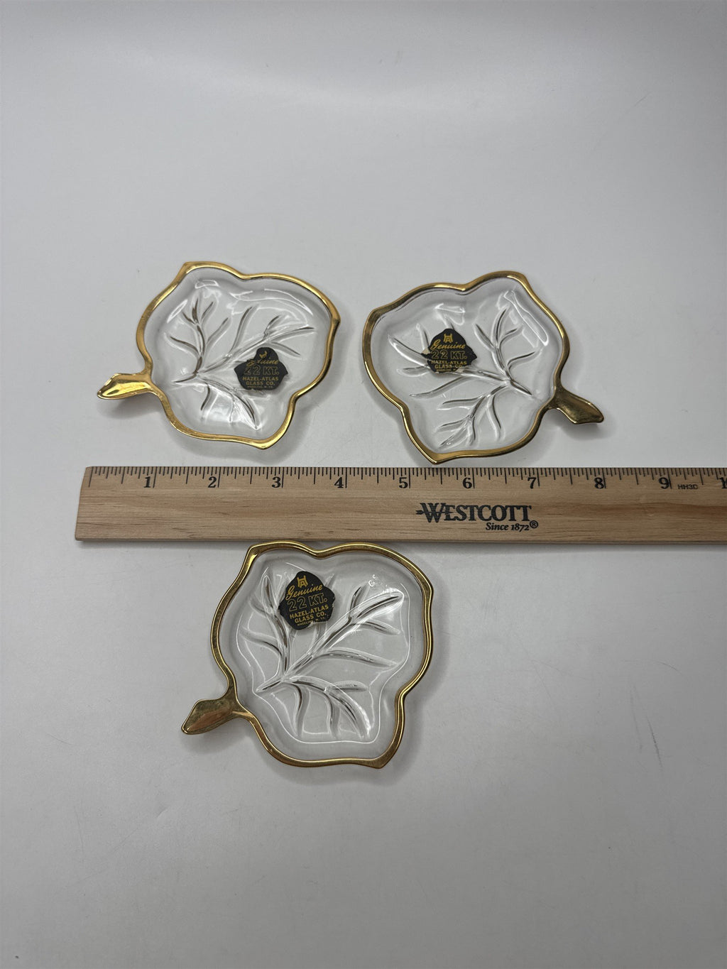 Vintage Hazel Atlas Set 3 Leaf Dishes 22Kt Gold Trim Candy Relish Ashtrays