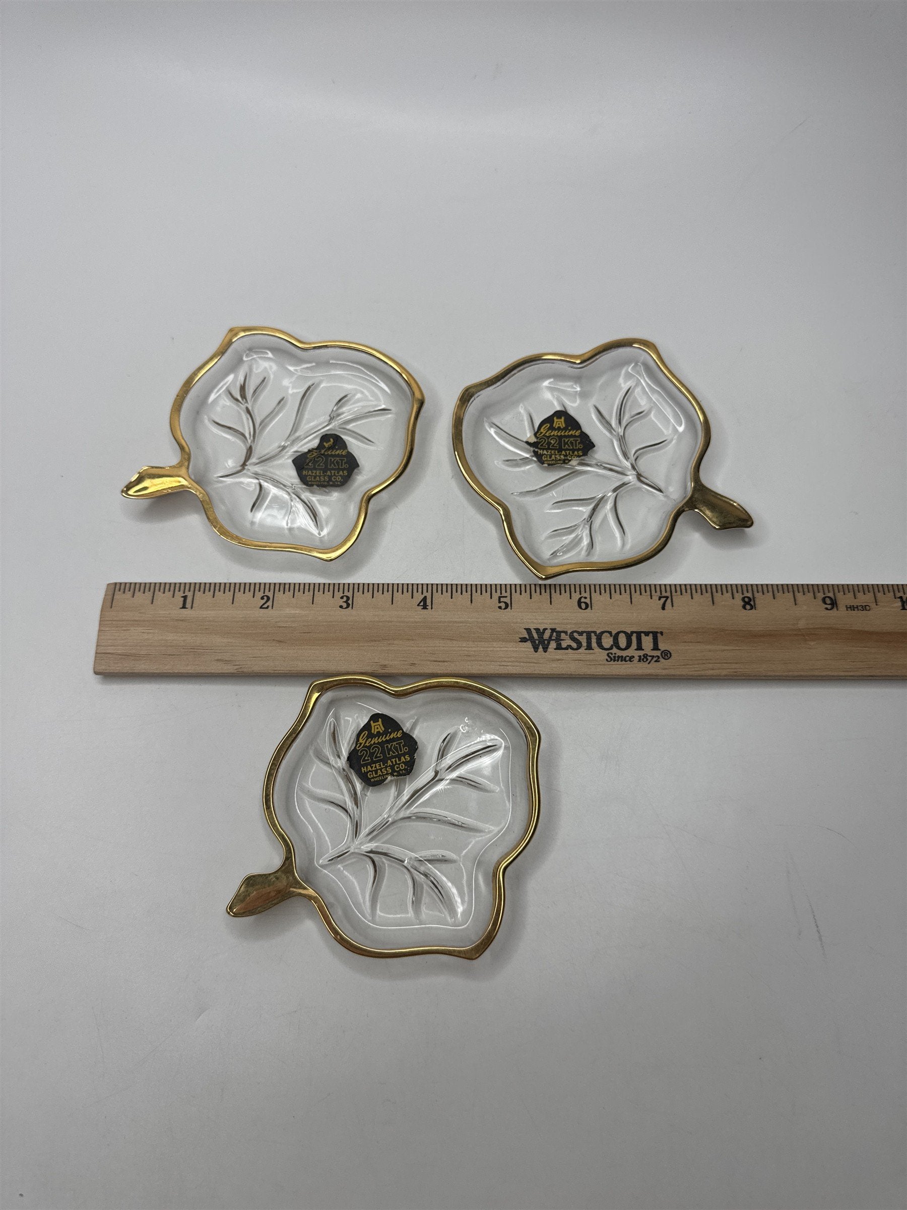 Vintage Hazel Atlas Set 3 Leaf Dishes 22Kt Gold Trim Candy Relish Ashtrays