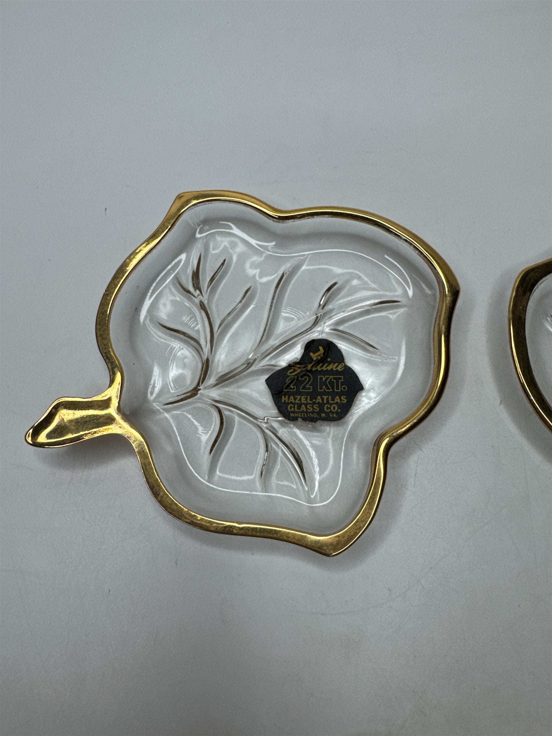 Vintage Hazel Atlas Set 3 Leaf Dishes 22Kt Gold Trim Candy Relish Ashtrays