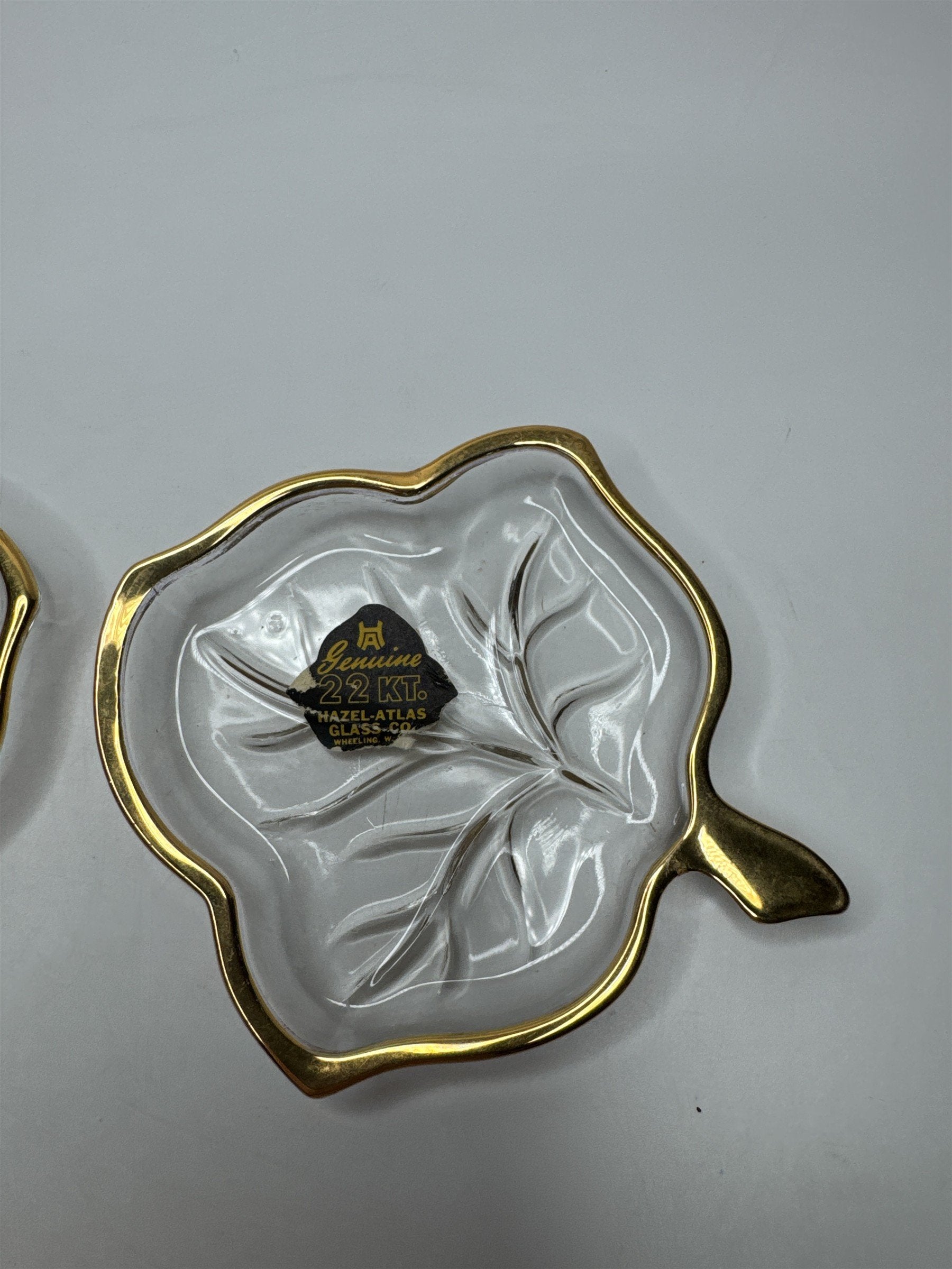 Vintage Hazel Atlas Set 3 Leaf Dishes 22Kt Gold Trim Candy Relish Ashtrays