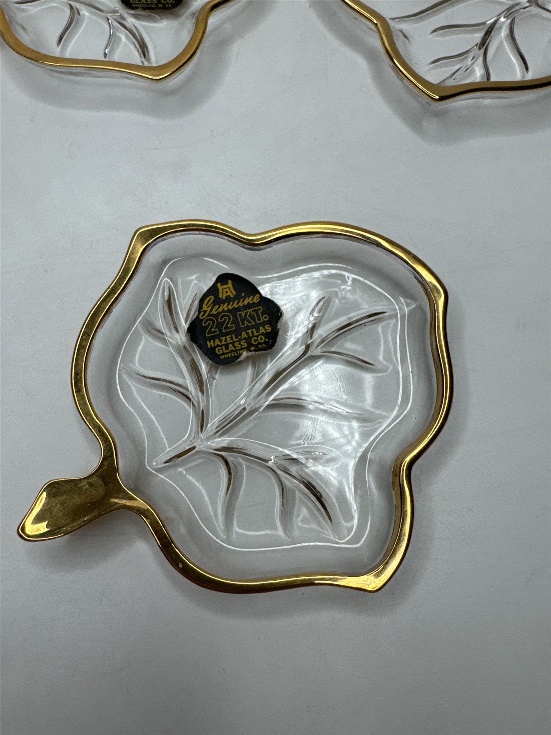 Vintage Hazel Atlas Set 3 Leaf Dishes 22Kt Gold Trim Candy Relish Ashtrays