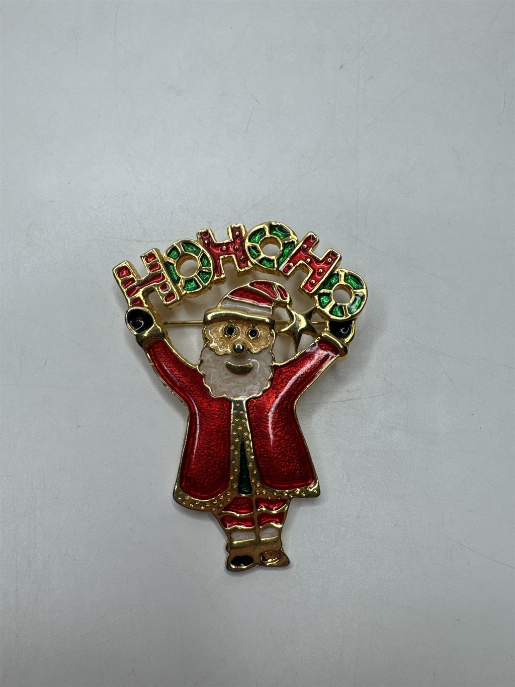 Vintage Enamel Santa Brooch Pin Ho Ho Ho Figural Christmas Red Green Gold