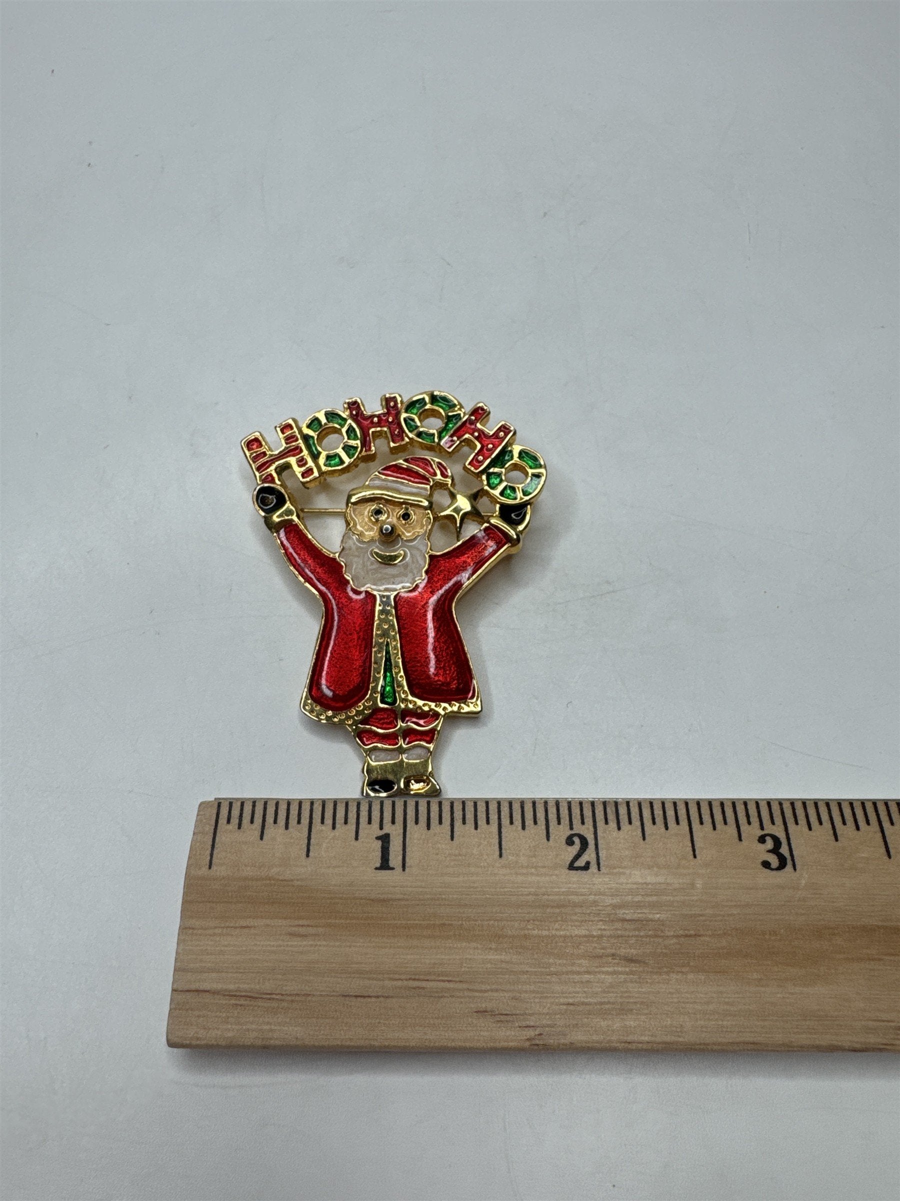Vintage Enamel Santa Brooch Pin Ho Ho Ho Figural Christmas Red Green Gold