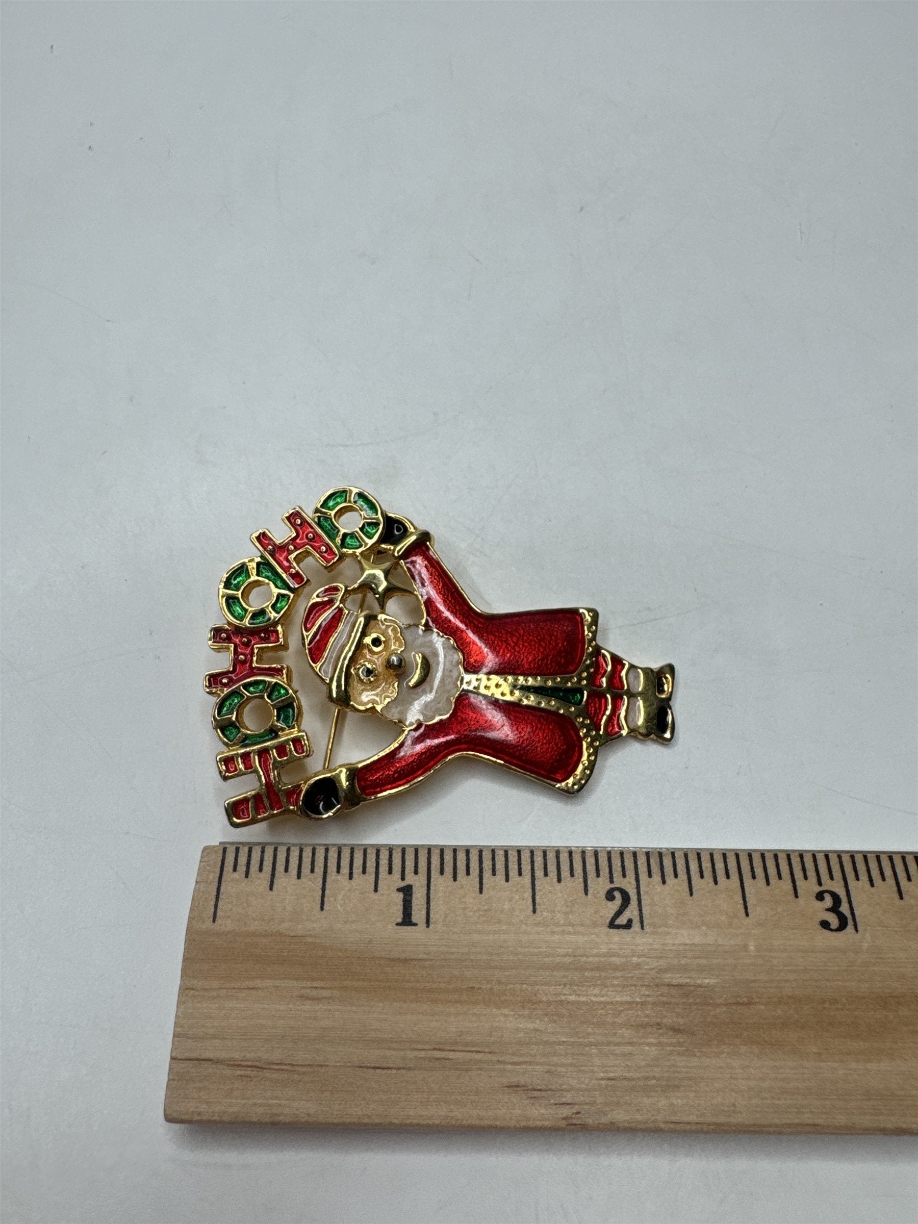 Vintage Enamel Santa Brooch Pin Ho Ho Ho Figural Christmas Red Green Gold