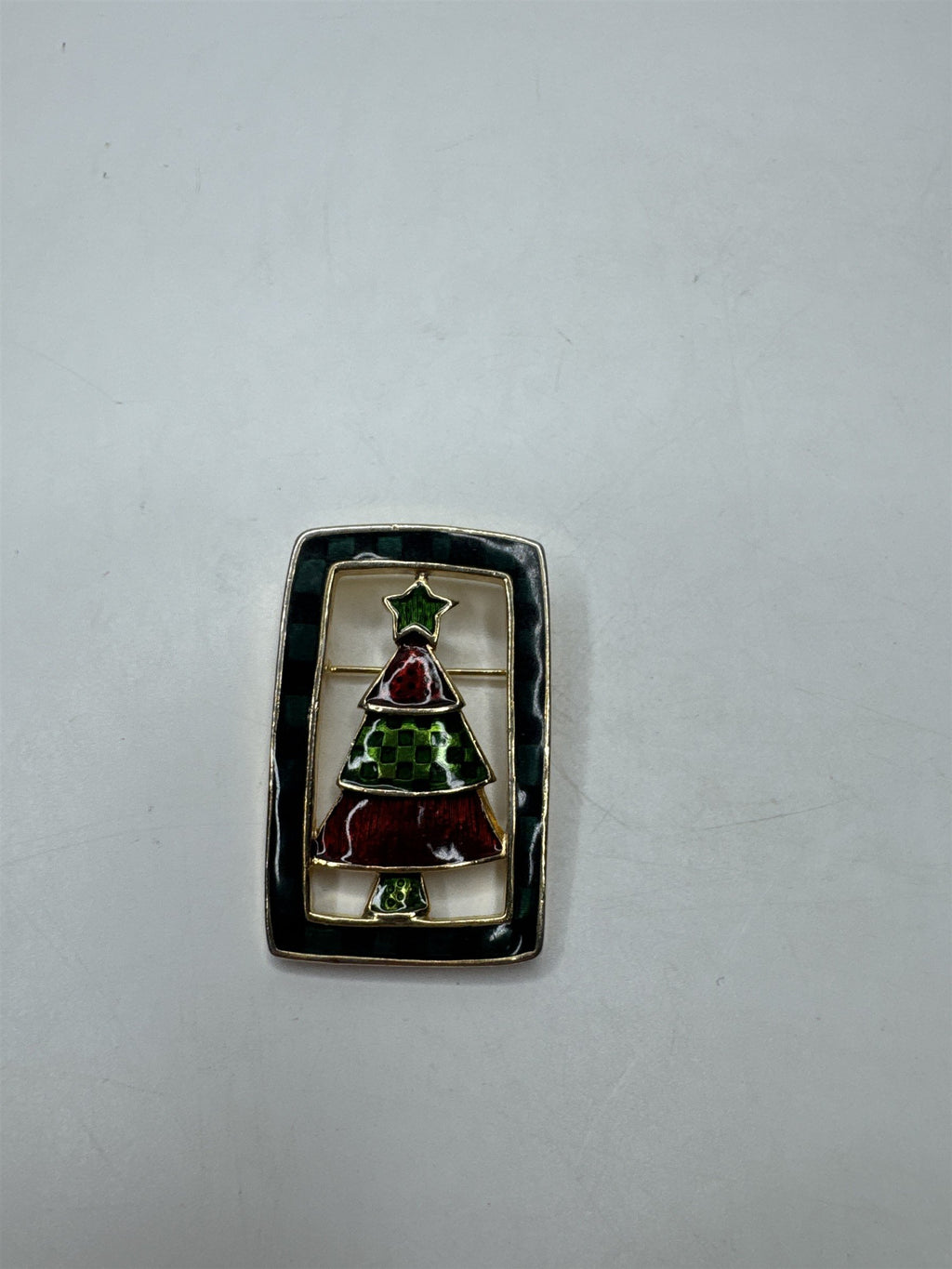 Vintage Enamel Christmas Tree Brooch Pin Plaid Tartan Frame Jewelry Red Green