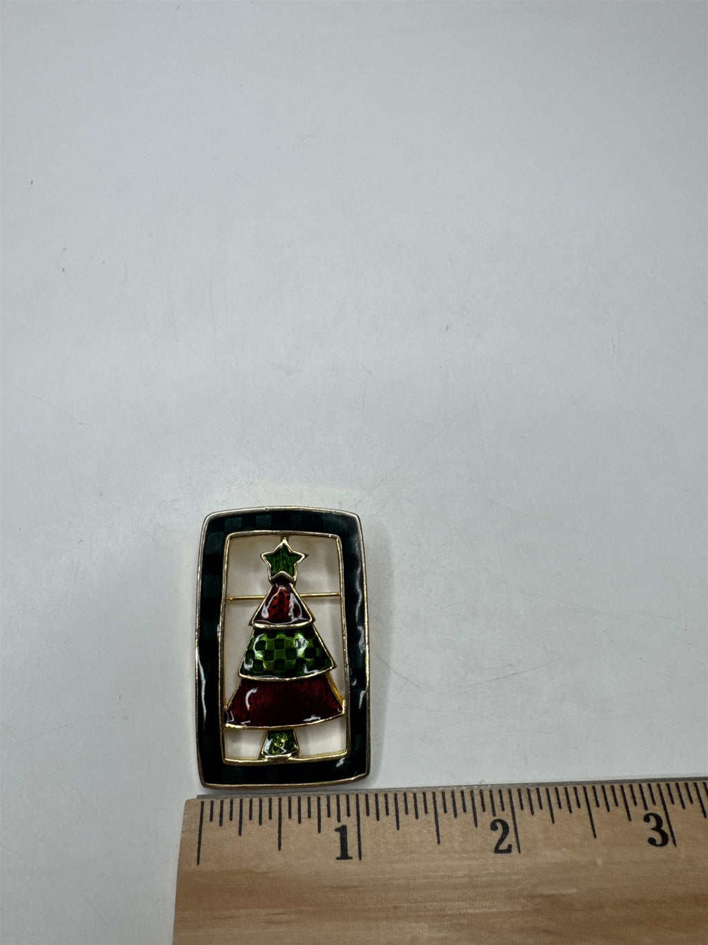 Vintage Enamel Christmas Tree Brooch Pin Plaid Tartan Frame Jewelry Red Green