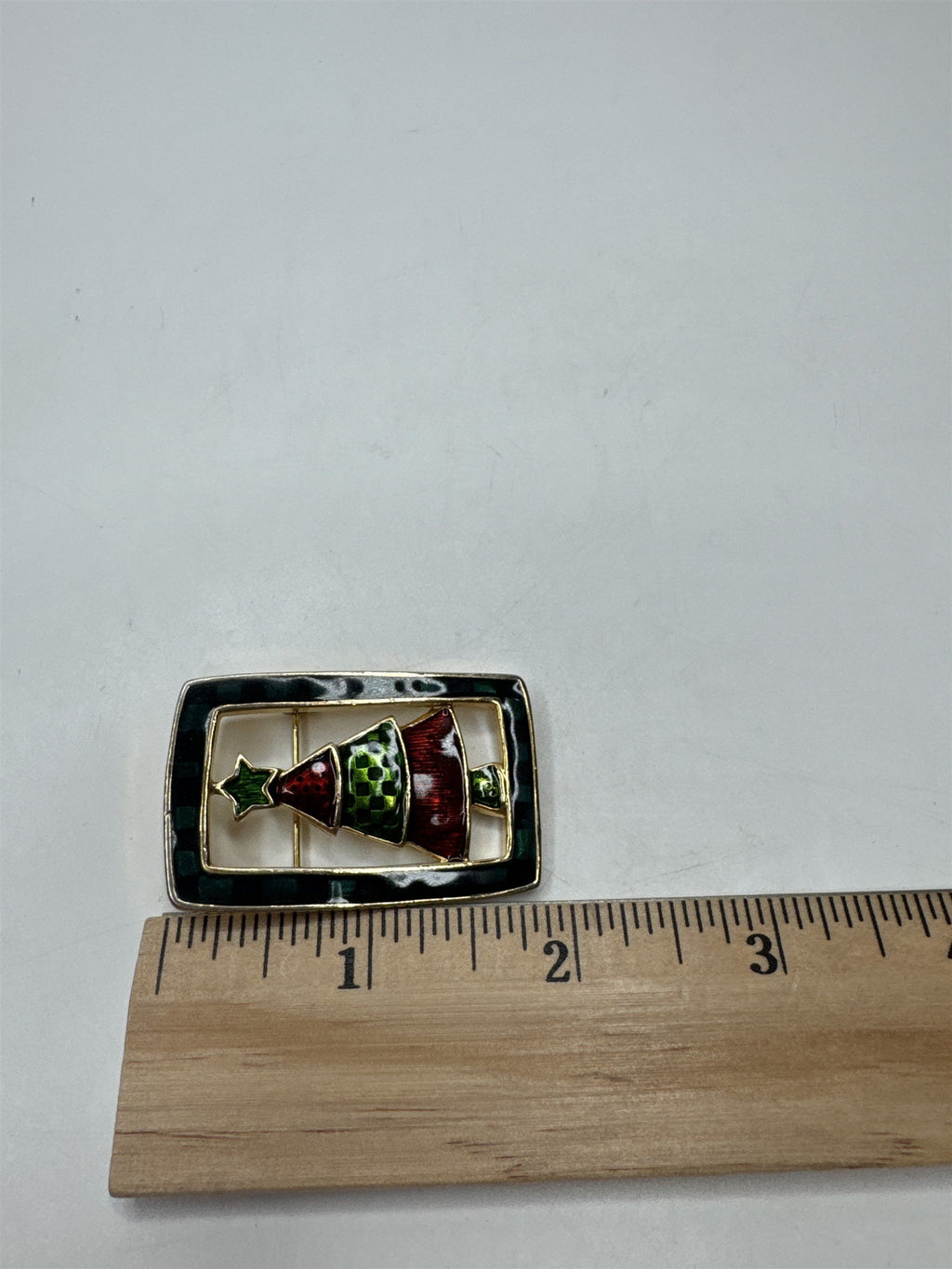 Vintage Enamel Christmas Tree Brooch Pin Plaid Tartan Frame Jewelry Red Green