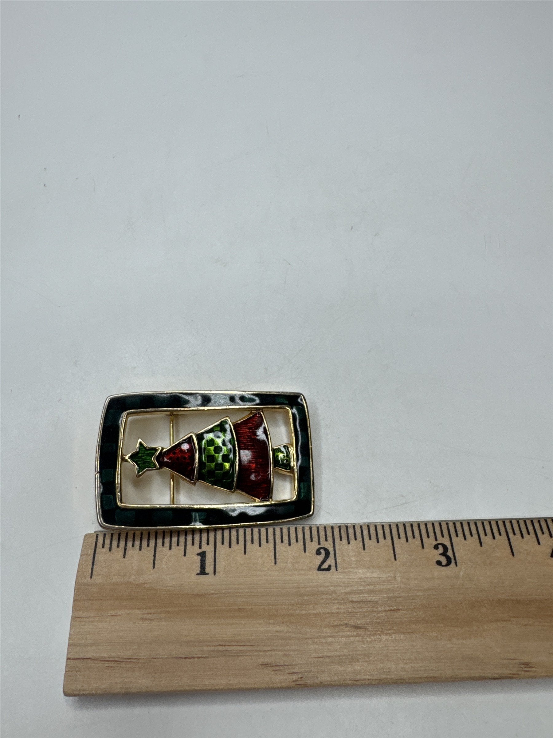 Vintage Enamel Christmas Tree Brooch Pin Plaid Tartan Frame Jewelry Red Green
