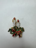 Vintage Candlestick Brooch Pin Holly Berry Bow Christmas Holiday Gold Tone