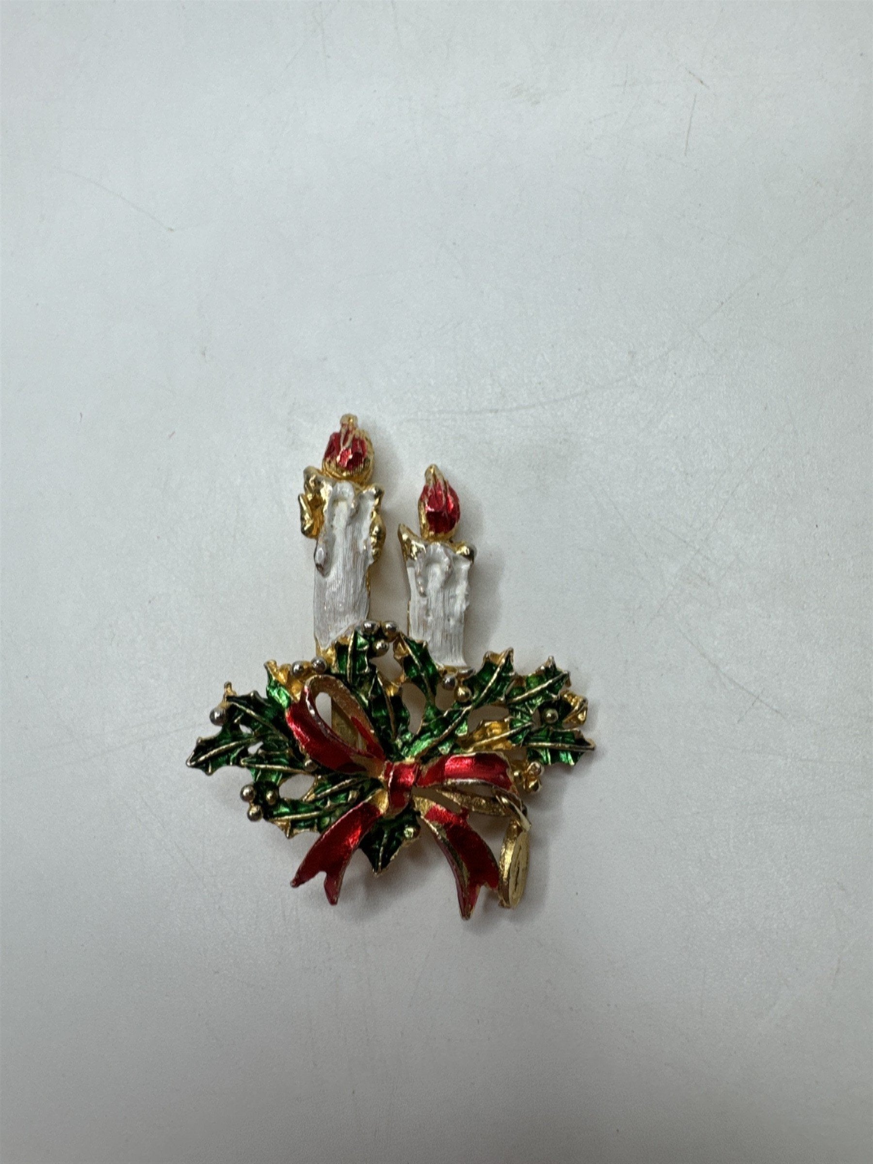 Vintage Candlestick Brooch Pin Holly Berry Bow Christmas Holiday Gold Tone