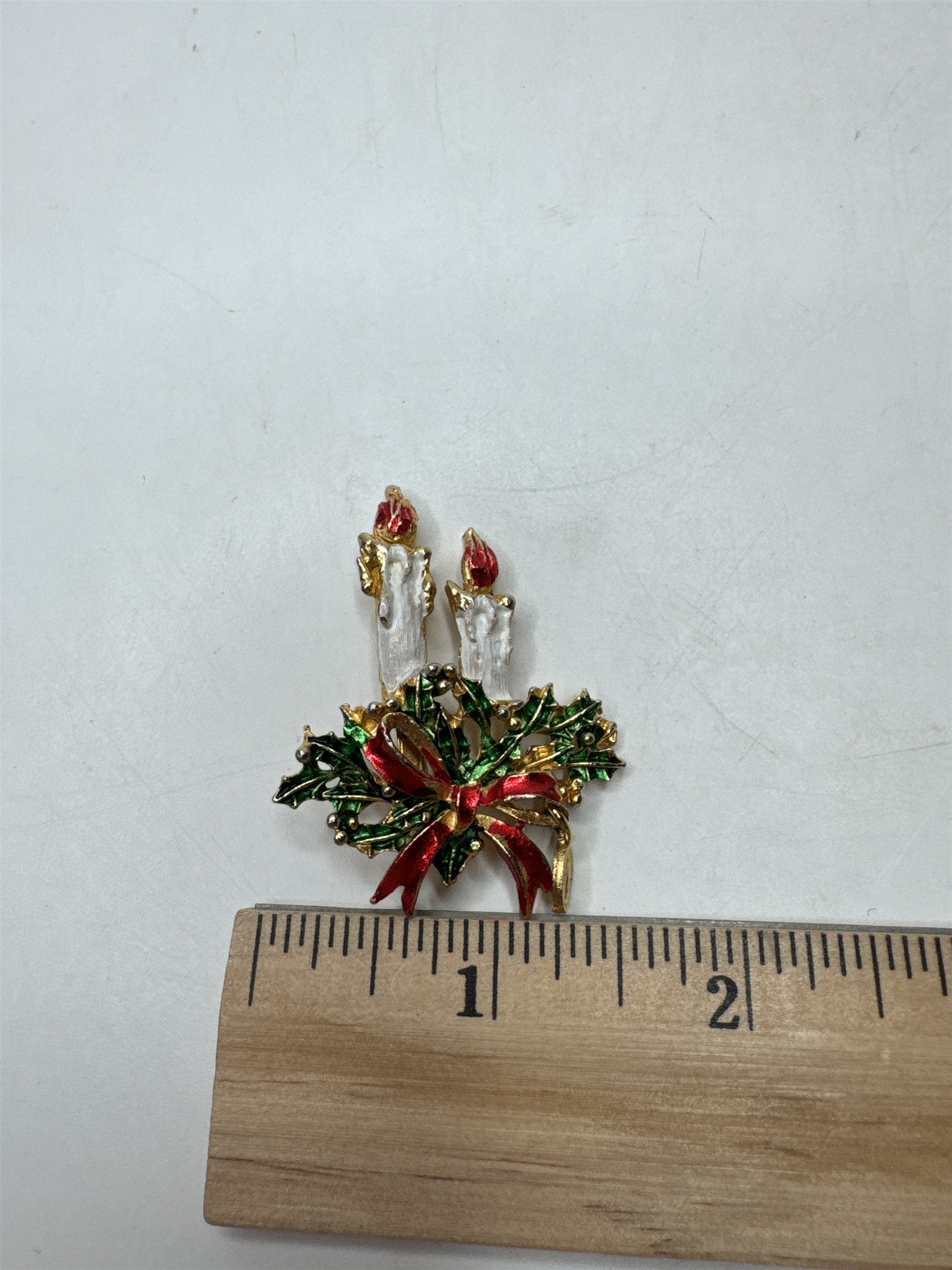Vintage Candlestick Brooch Pin Holly Berry Bow Christmas Holiday Gold Tone
