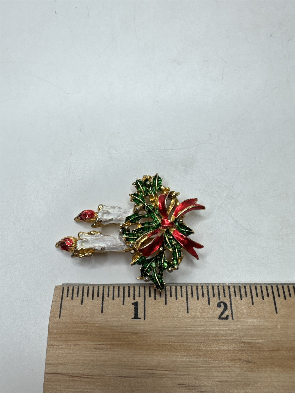 Vintage Candlestick Brooch Pin Holly Berry Bow Christmas Holiday Gold Tone