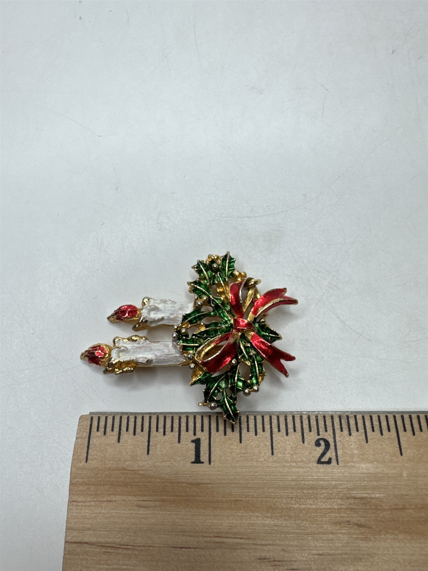 Vintage Candlestick Brooch Pin Holly Berry Bow Christmas Holiday Gold Tone