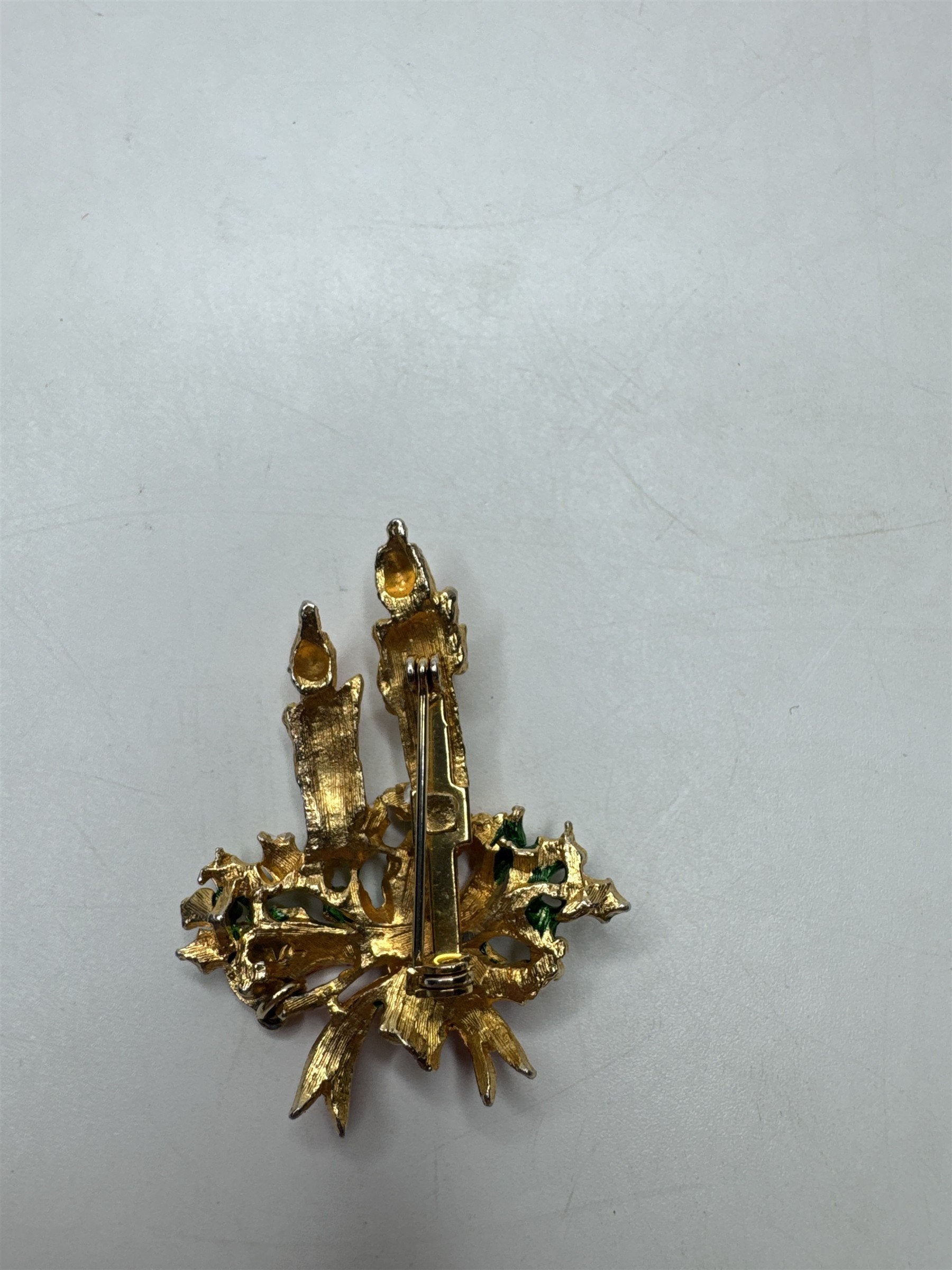 Vintage Candlestick Brooch Pin Holly Berry Bow Christmas Holiday Gold Tone