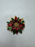 Vintage Poinsettia Flower Brooch Pin Enamel Christmas Red Green Gold Tone