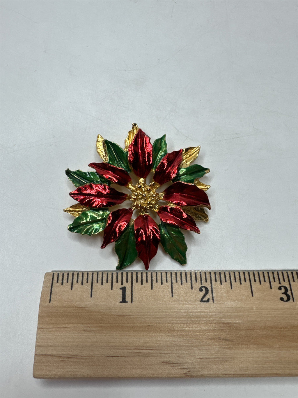 Vintage Poinsettia Flower Brooch Pin Enamel Christmas Red Green Gold Tone