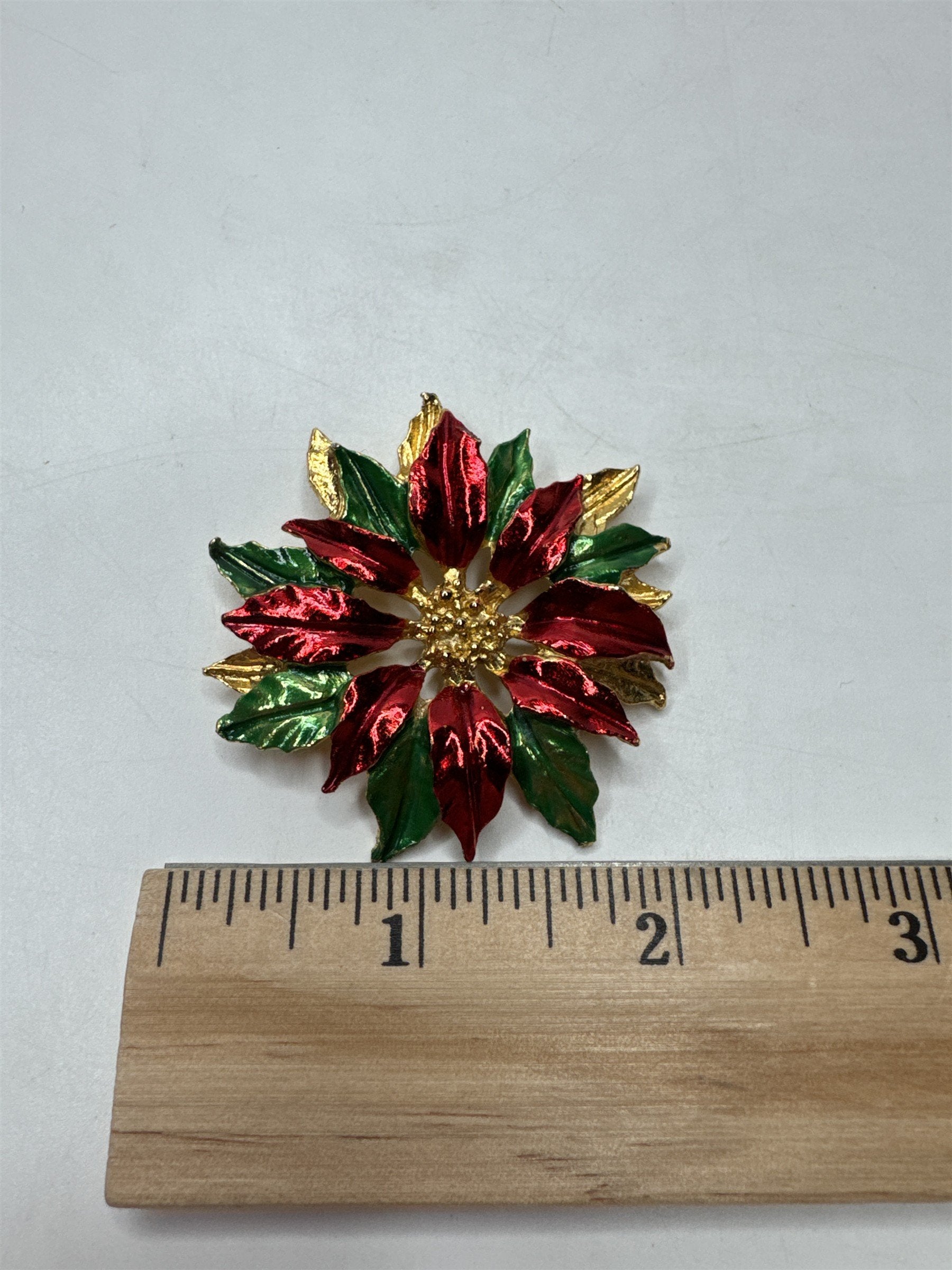 Vintage Poinsettia Flower Brooch Pin Enamel Christmas Red Green Gold Tone