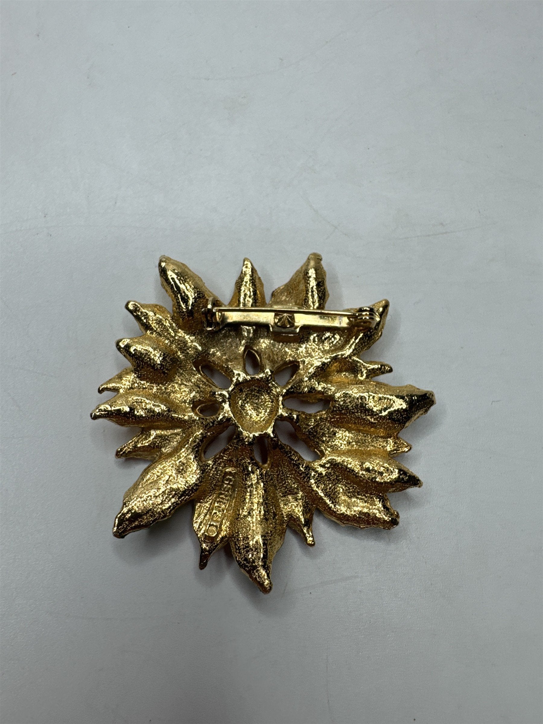 Vintage Poinsettia Flower Brooch Pin Enamel Christmas Red Green Gold Tone