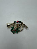 Vintage AJC French Horn Brooch Pin Rhinestone Holly Christmas Holiday Gold Tone