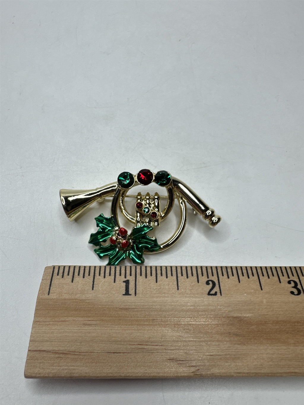 Vintage AJC French Horn Brooch Pin Rhinestone Holly Christmas Holiday Gold Tone