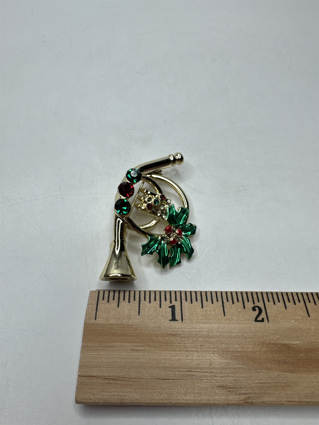 Vintage AJC French Horn Brooch Pin Rhinestone Holly Christmas Holiday Gold Tone