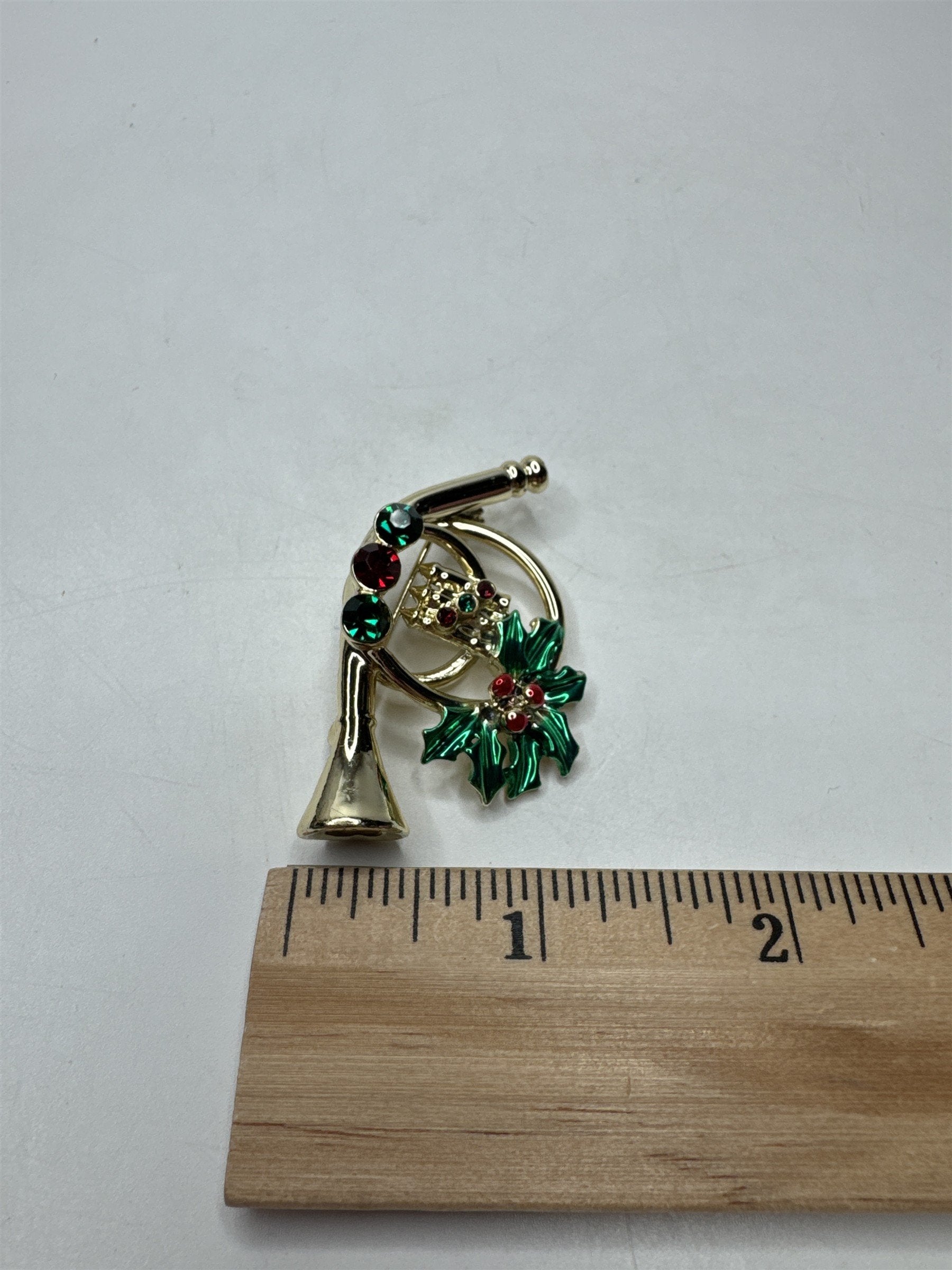 Vintage AJC French Horn Brooch Pin Rhinestone Holly Christmas Holiday Gold Tone
