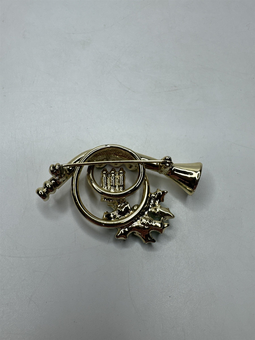 Vintage AJC French Horn Brooch Pin Rhinestone Holly Christmas Holiday Gold Tone
