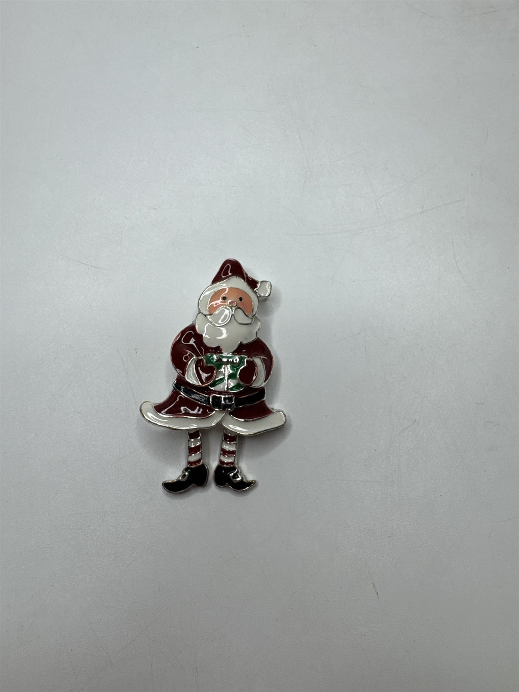 Vintage Enamel Santa Brooch Pin Dangle Moving Legs Christmas Present Silver Tone