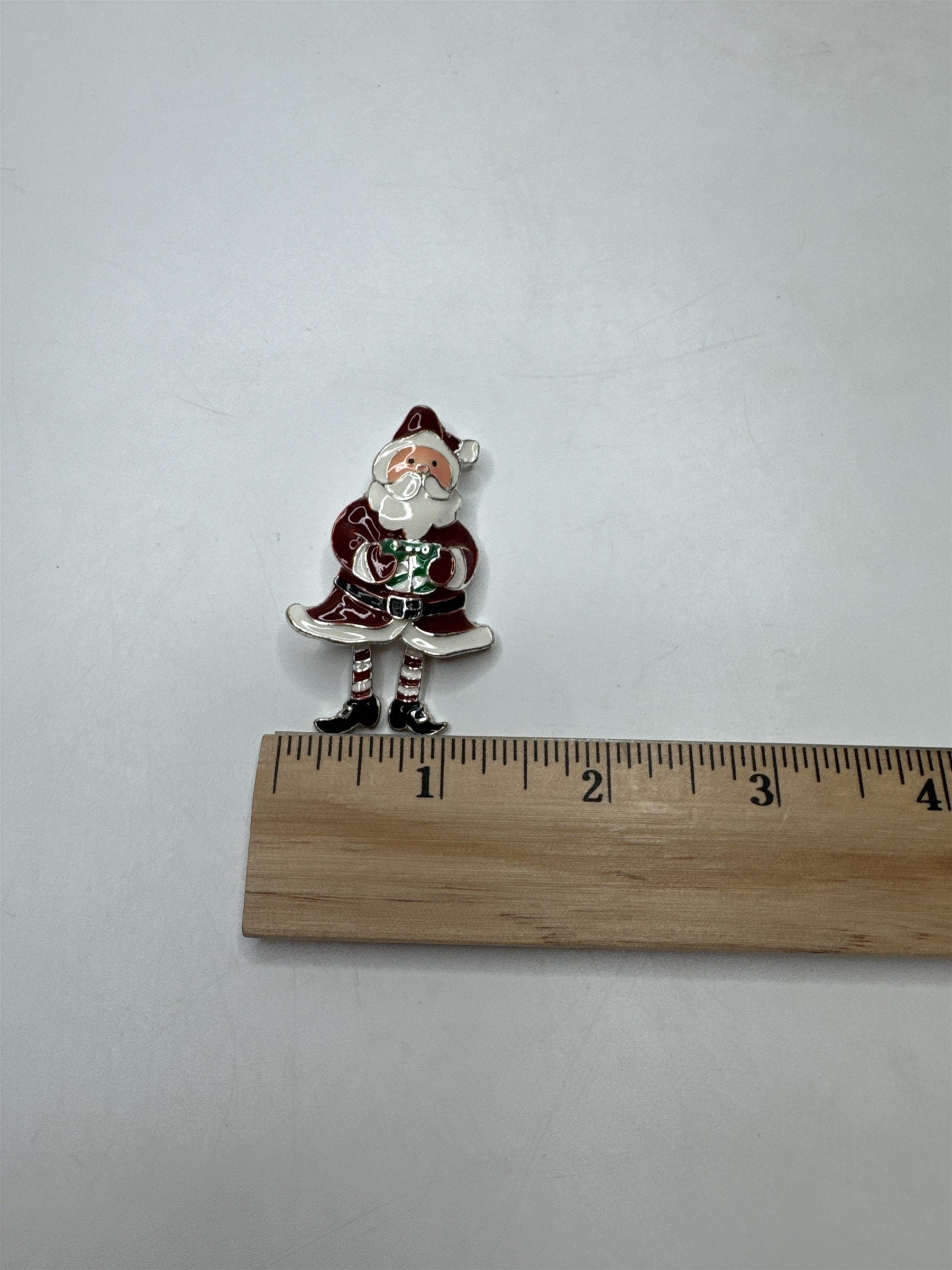 Vintage Enamel Santa Brooch Pin Dangle Moving Legs Christmas Present Silver Tone