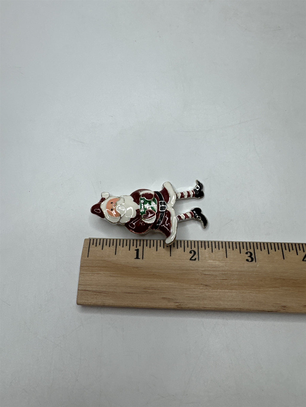 Vintage Enamel Santa Brooch Pin Dangle Moving Legs Christmas Present Silver Tone