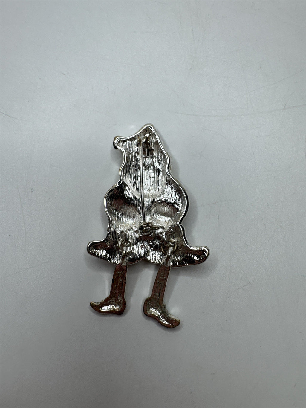 Vintage Enamel Santa Brooch Pin Dangle Moving Legs Christmas Present Silver Tone