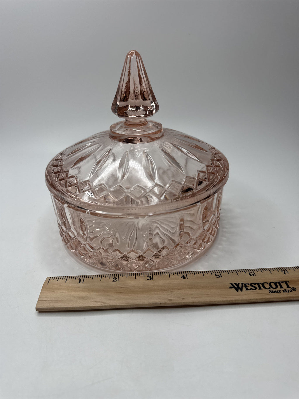Vintage Indiana Glass Pink Covered Candy Dish Diamond Point Depression Trinket