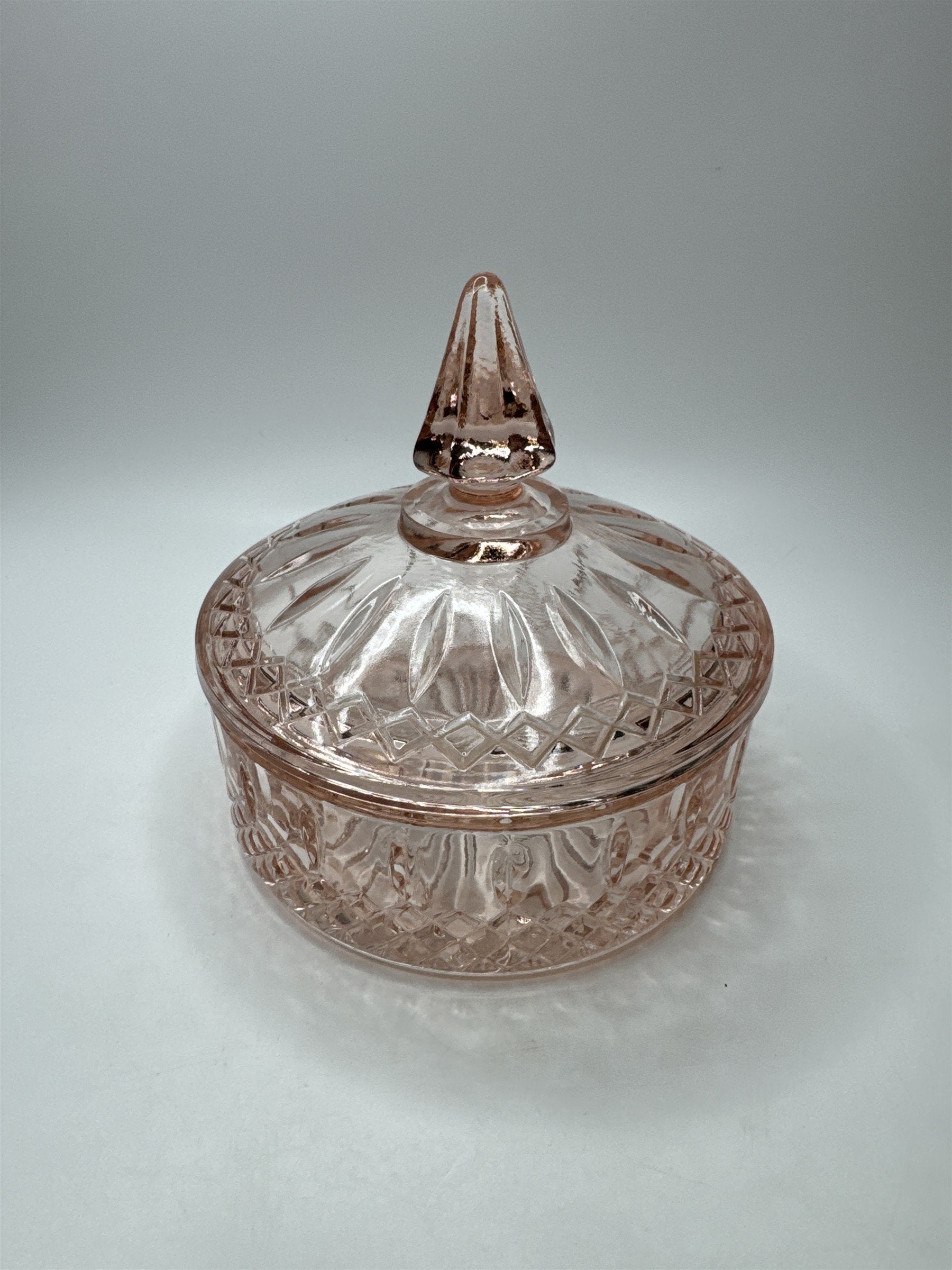 Vintage Indiana Glass Pink Covered Candy Dish Diamond Point Depression Trinket