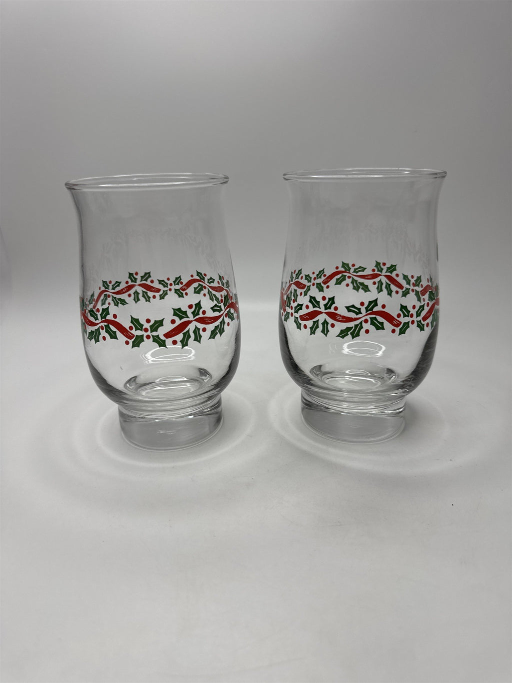 Set 2 Vintage Libbey Holly Ribbon Christmas Glasses Tumblers Holiday
